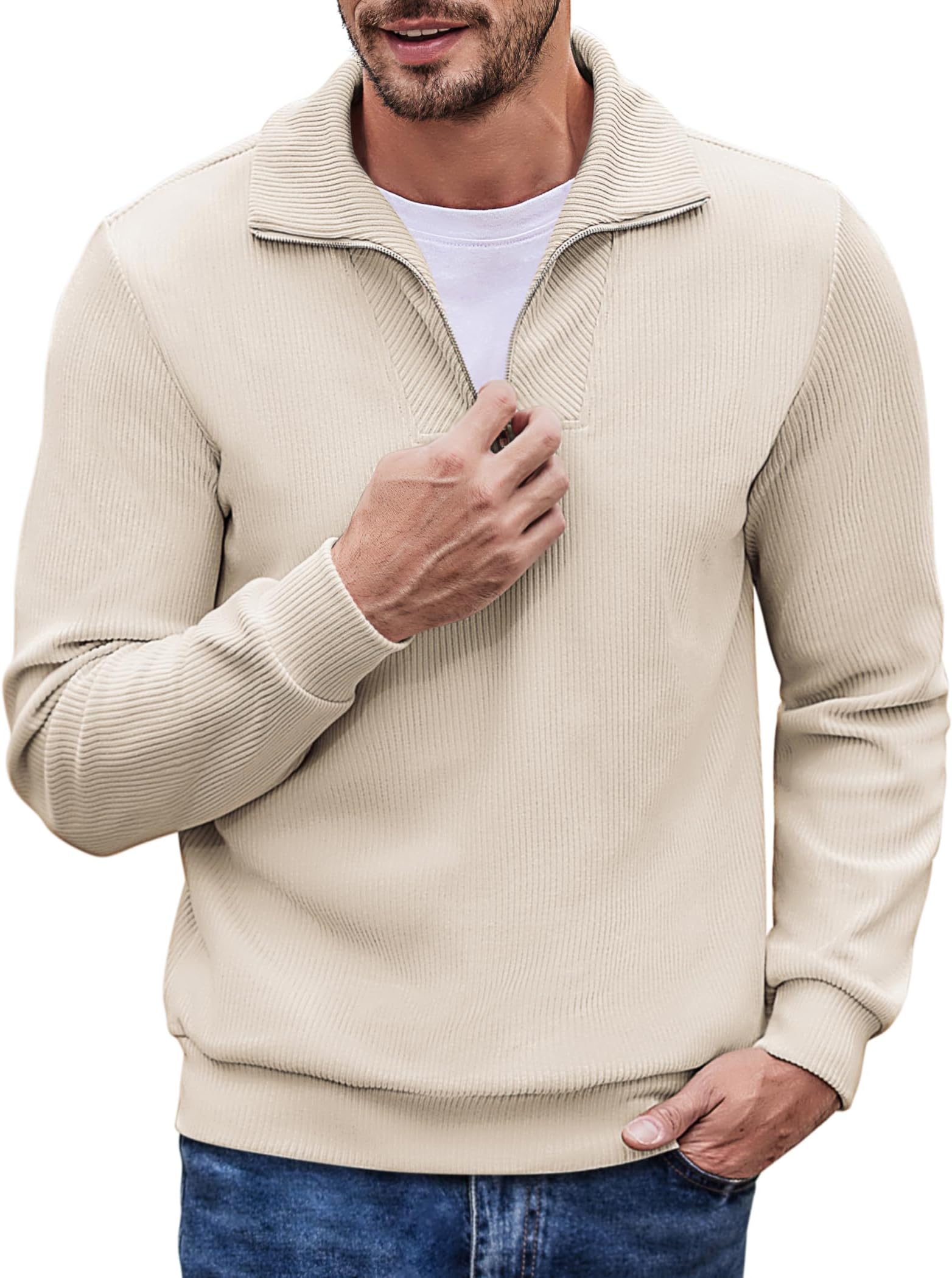 Men's Quarter Zip Up Pullover Mock Neck Long Sleeve Sweater Casual Corduroy Polo Sweatshirt