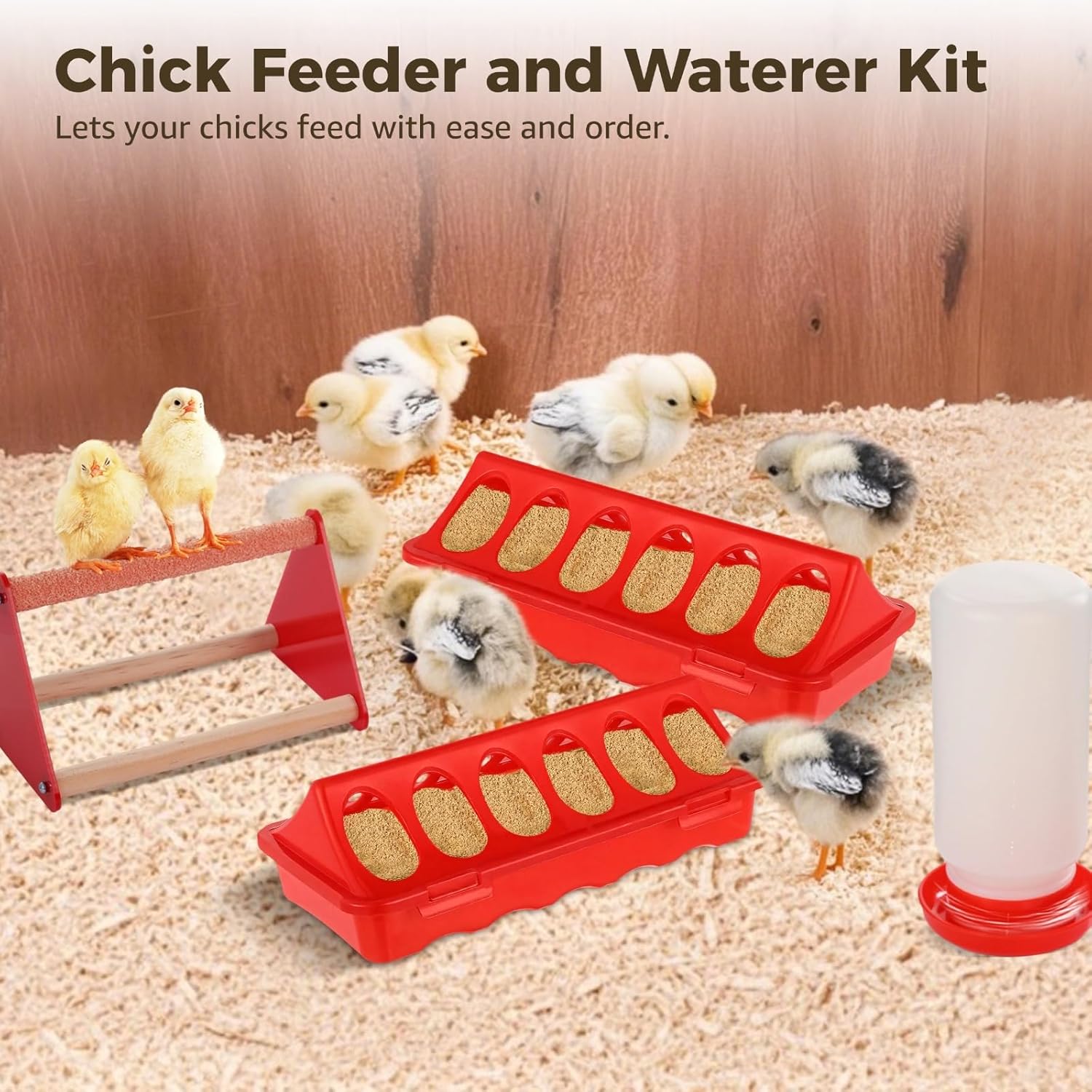 6 Pack Chick Feeder and Waterer Kit, Chick Feeding Supplies, Includes 1 Feeders, 2 Waterers, and 3 Perches, Chicken Starter Kit for Brooder & Coop, Ideal for Small Poultry