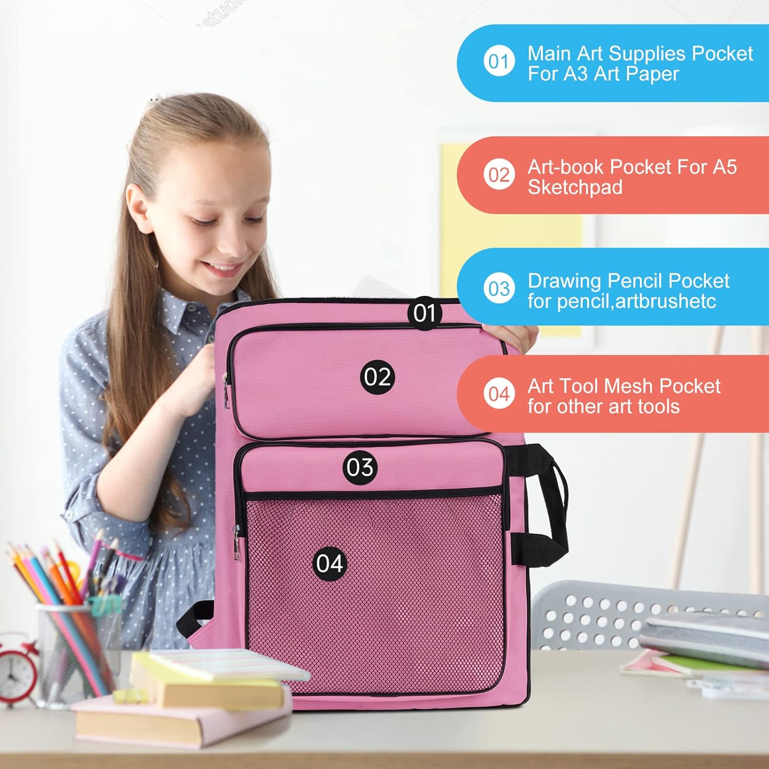 Art Portfolio Kids Artwork,Art Bag15 X 18 For Child Artwork 8K Organizer,A3 portfolio Case For Carrying Artwork With Tote And Backpack (Black) - Image 6