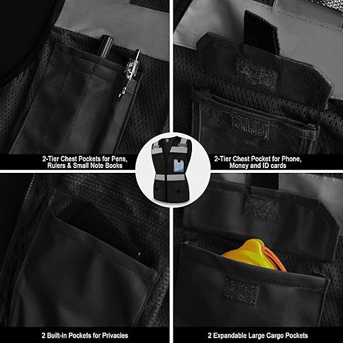 Miniatura 4 de TCCFCCT Chaleco de seguridad para mujer, chaleco reflectante de malla de 11 bolsillos con cremallera, chaleco de trabajo de construcción de neón de