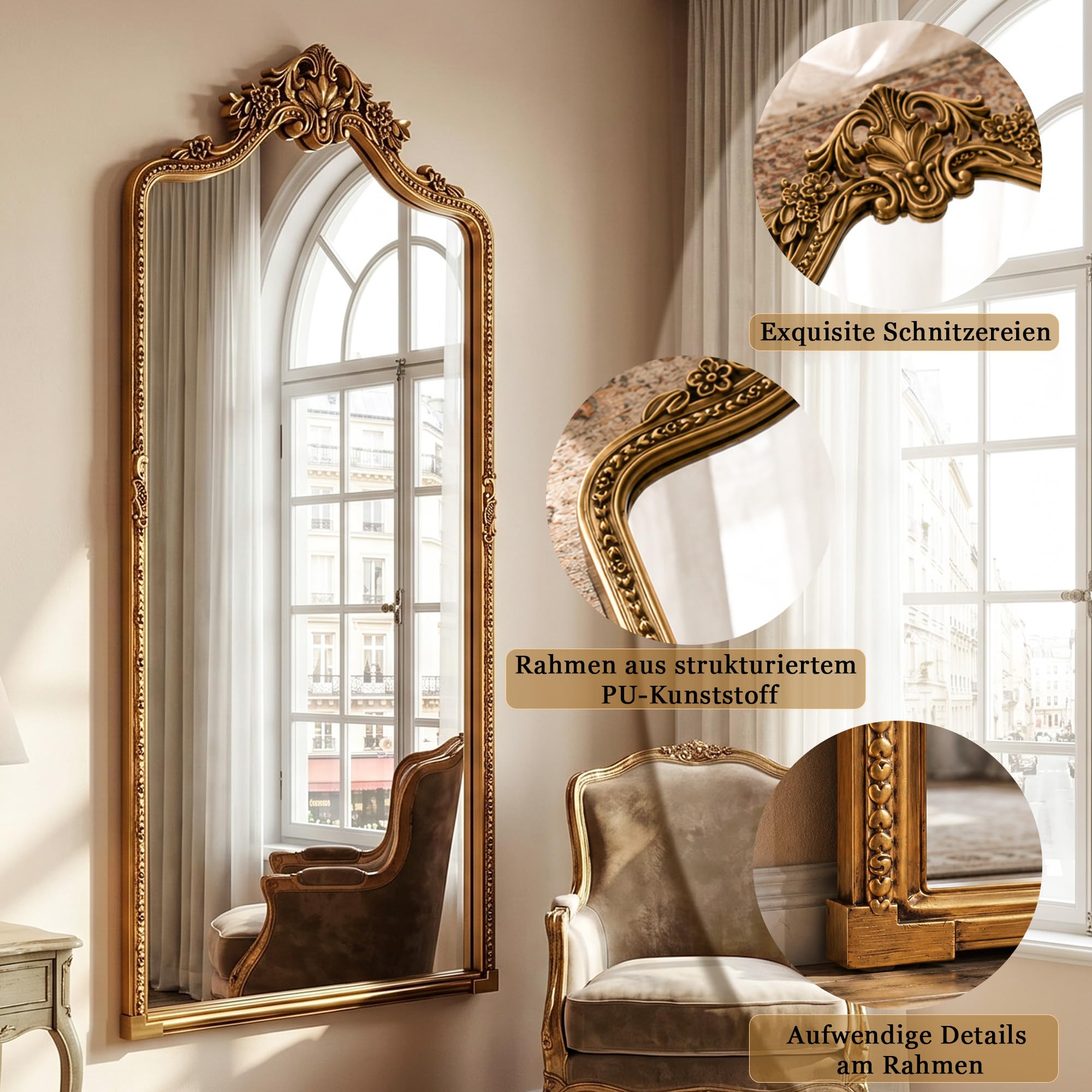 BEAUTYPEAK 175x70 cm Retro-Ganzkörperspiegel mit Geprägter Verzierung an der Oberseite, Groß Standspiegel Geeignet zur Dekoration von Wohnzimmern, Gold