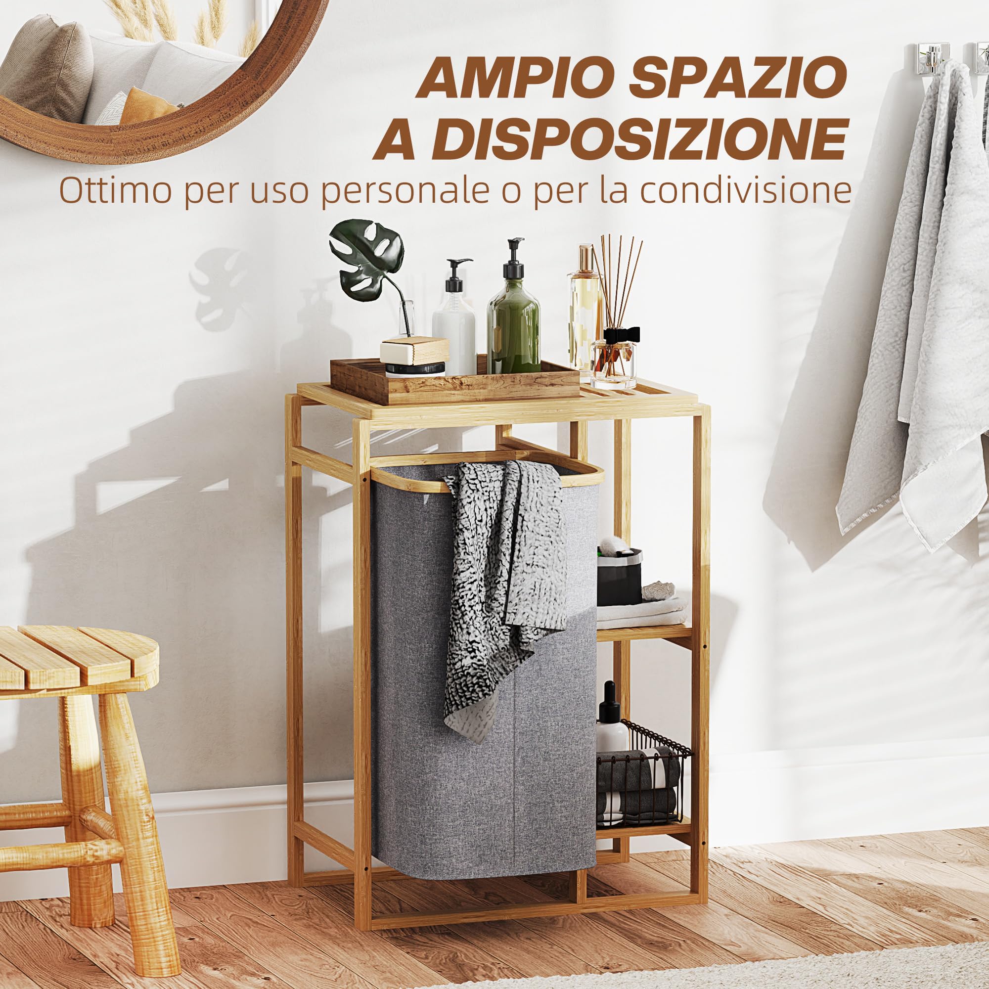HOMCOM Cesto Portabiancheria con Borsa Estraibile 50x32x70 cm Grigio