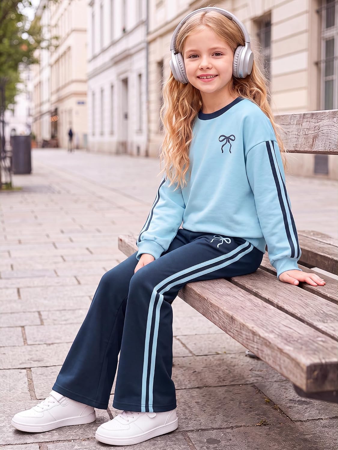 Girls 2 Piece Outfits Fall Long Sleeve Bow Print Sweatshirt & Flared Pants | Side Striped, Crew Neck, Pocket, Winter Sweatsuit, Teen Clothing Set, Casual, Play, Running, Soft Fabric, Size 7-16Years