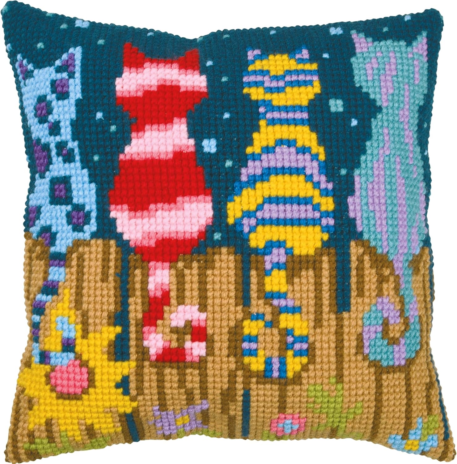 Vervaco Cross Stitch Embroidery Kits Cushion Embroidery Set with Cushion Back Beginners Pre-Printed Cats on The Fence DIY Set Creative Set for Adults Approx. 40 x 40 cm Craft Set Craftsman Home