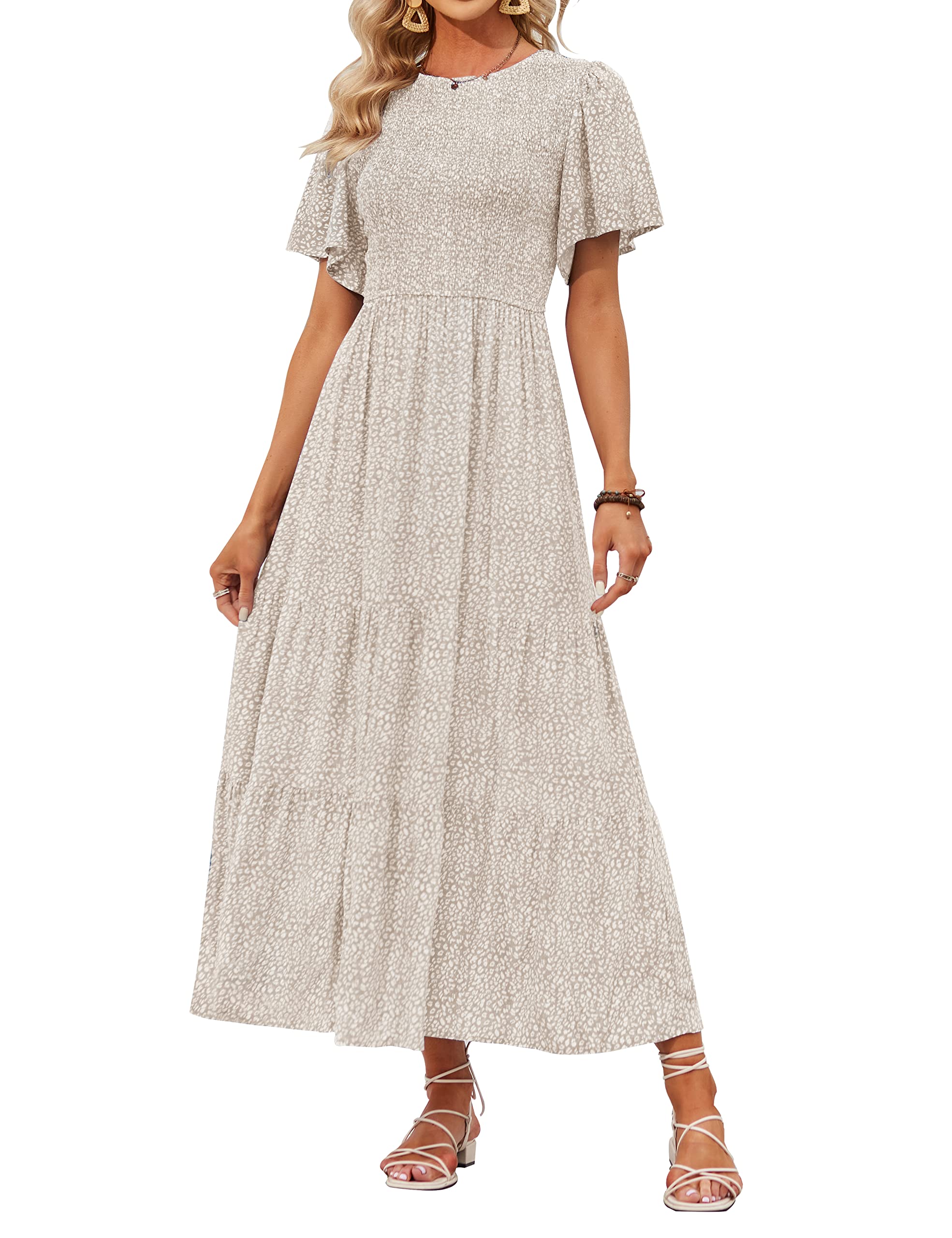 ZESICA Women's 2023 Summer Casual Floral Print Short Flutter Sleeve Crew Neck Smocked High Waist Flowy Maxi Dress,Beige,X-Large