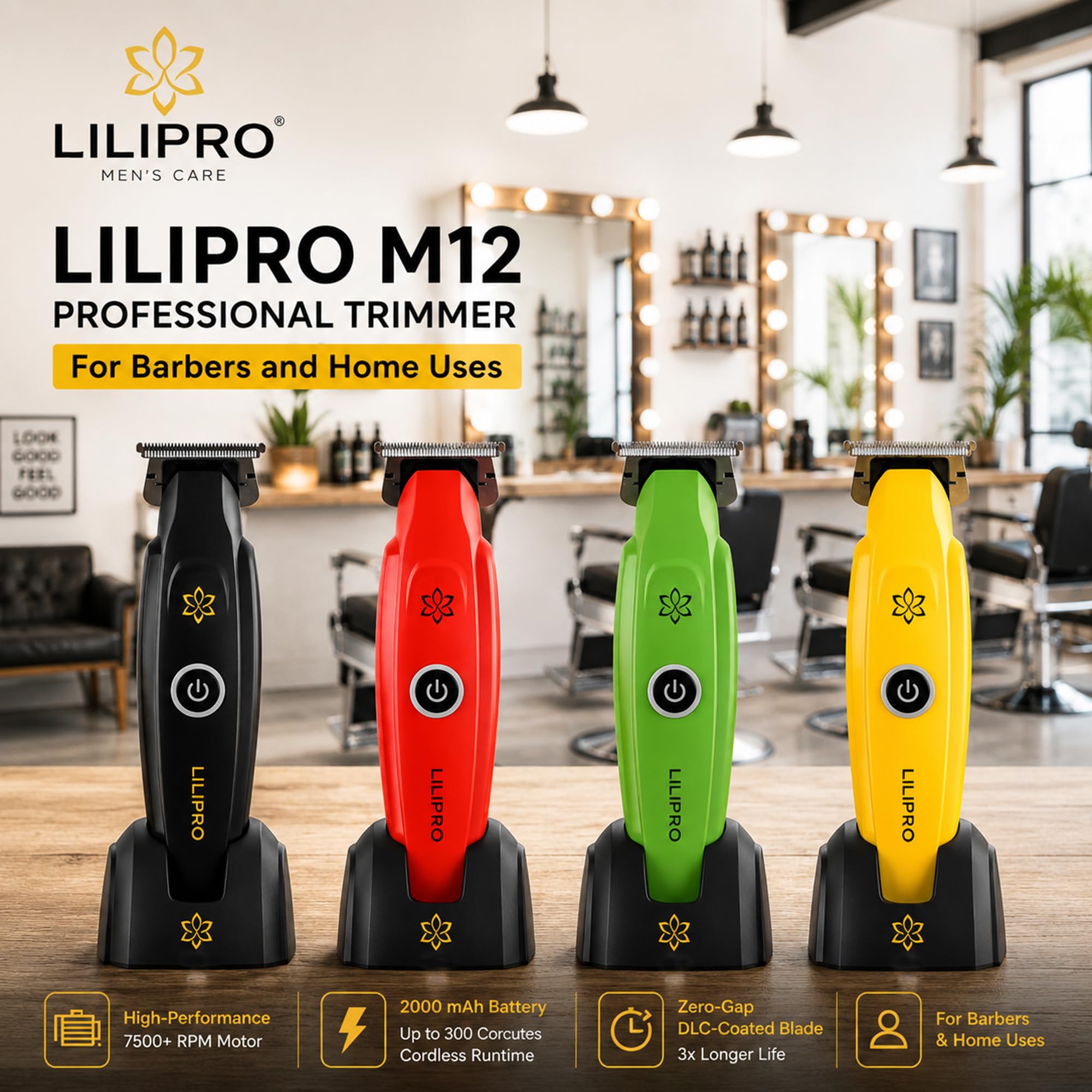 M12 Profi Herren Haarschneider & Barttrimmer | Professional Hair & Beard Trimmer – Zero-Gap DLC-T-Blade, 7500+ RPM, Kabellos, USB-C, 2000 mAh Akku, Leise & Präzise, Für Barber & Zuhause (Gelb)
