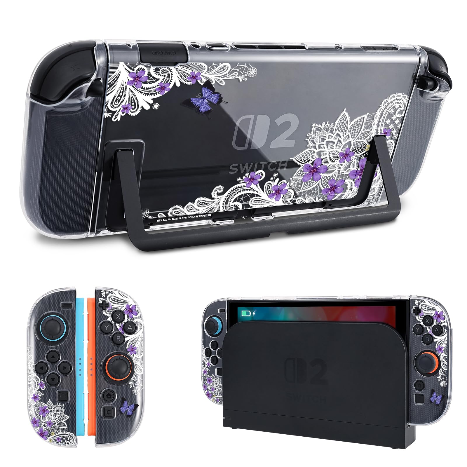 DLseego Protective Case Flower Floral Clear Switch 2 (2025), Detachable Joy-Handle Protective Case 2-Piece Split Full Wrap PC Hard Shell Anti-Scratch All-Round Protection Cover, Butterfly, Purple - 2
