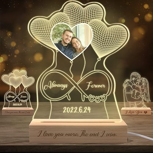 Fadace Lámpara de noche de ilusión 3D personalizada con foto personalizada corazón LED acrílico placa de imagen grabada de madera para parejas