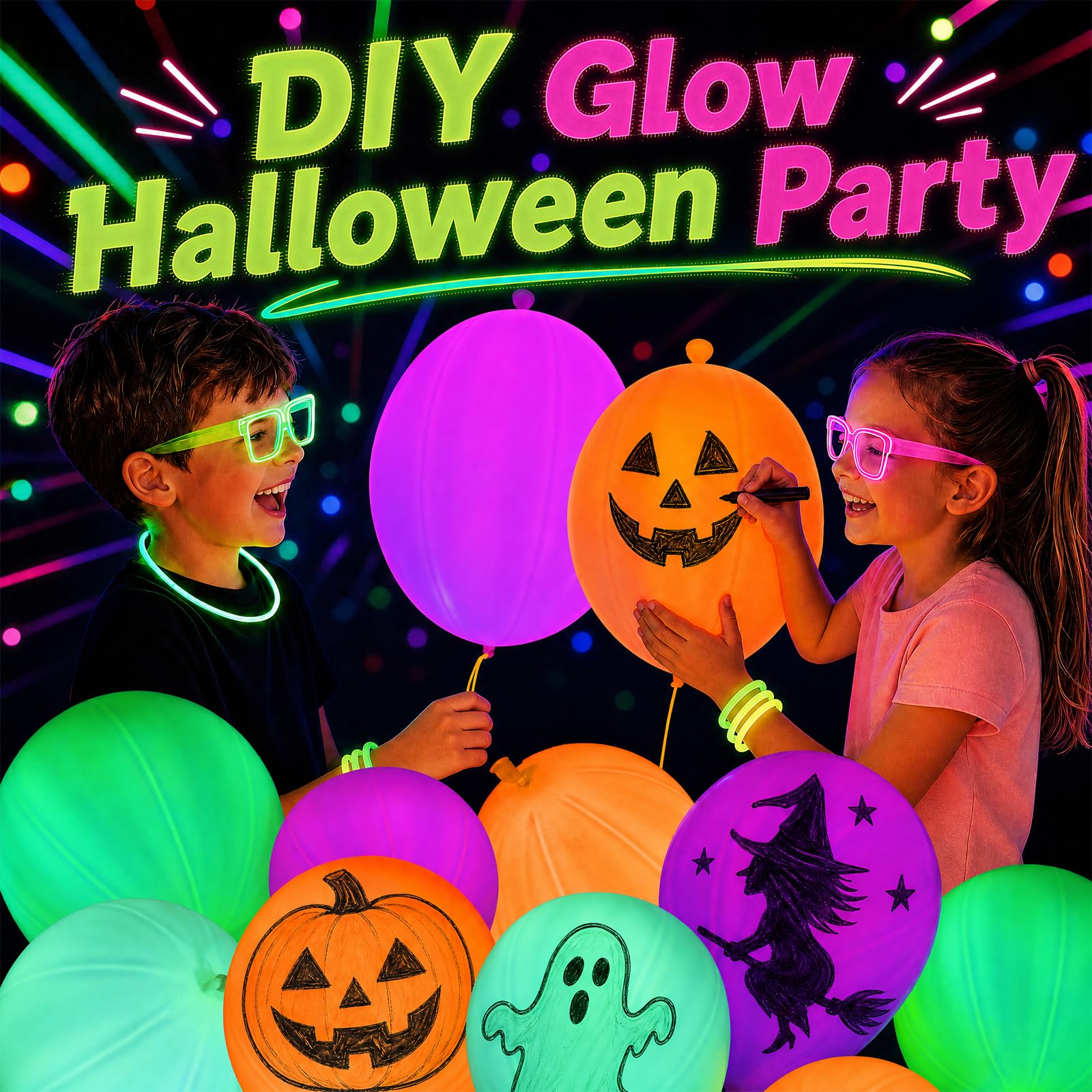 Mega-L Lot de 24 ballons fluo pour enfants, ballons rebondissants robustes avec poignées en caoutchouc, cadeaux de fête pour anniversaire, piñatas, sacs à friandises, prix et fournitures de carnaval