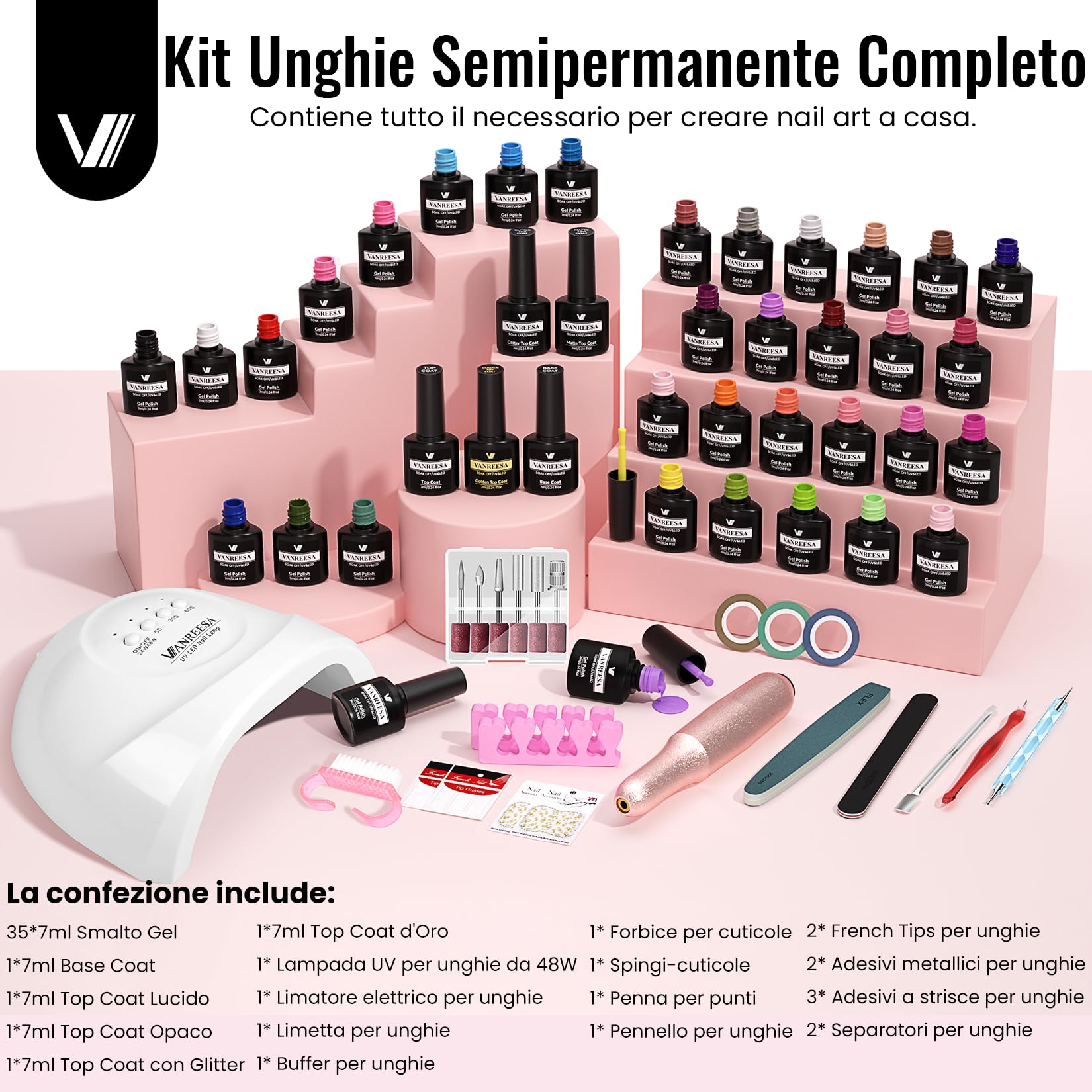 VANREESA Kit Semipermanente Unghie, 35 Colori Kit Unghie Gel Completo con Top Base Opaco Brillantini Coat Lampada U V Led e Strumenti per Manicure, Set Manicure per Principianti