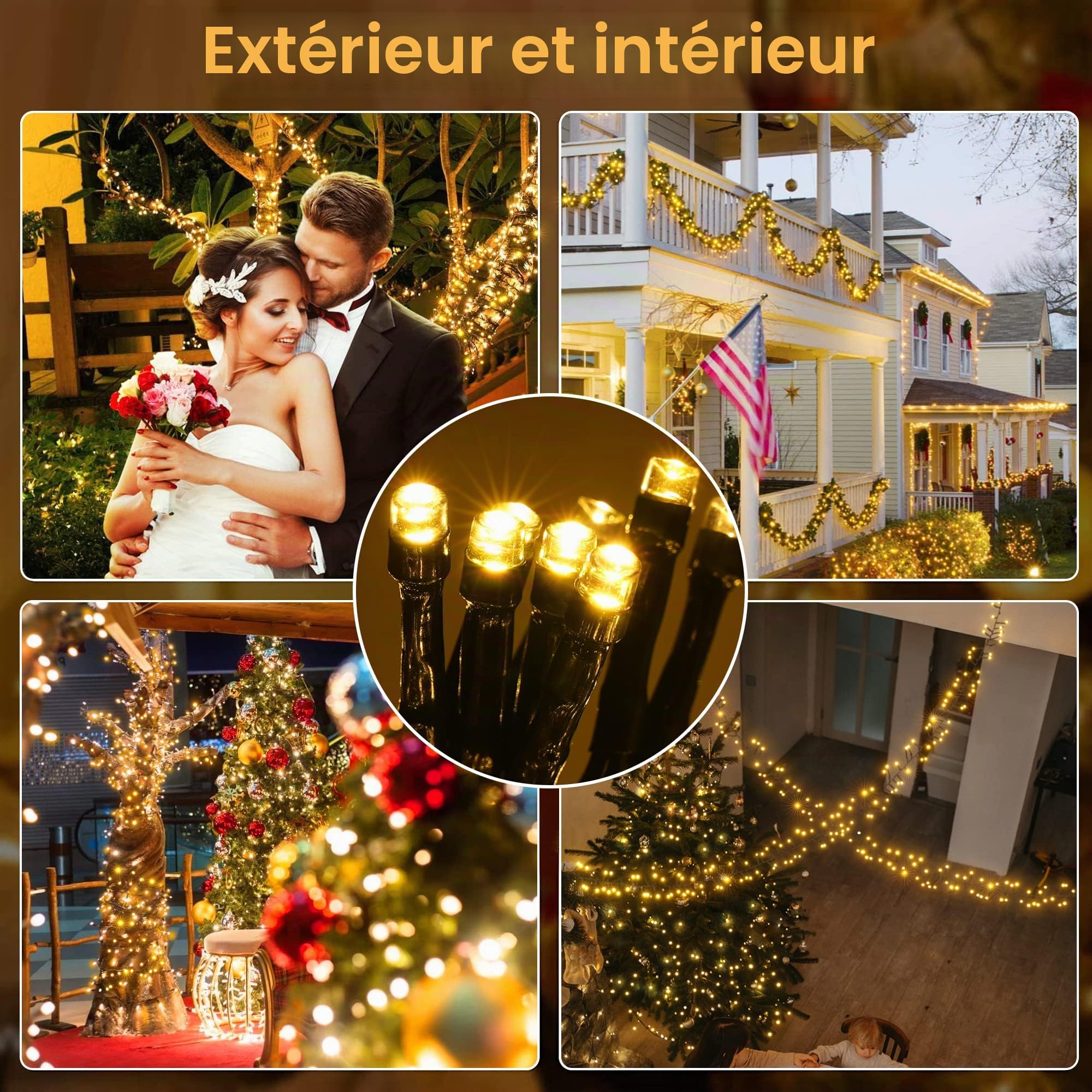 Ollny Guirlande lumineuse LED 6m 400 LED, guirlande lumineuse de Noël IP44 étanche avec télécommande et minuterie, 8 modes, décoration de fête pour Noël, anniversaire, mariage, salon, blanc chaud