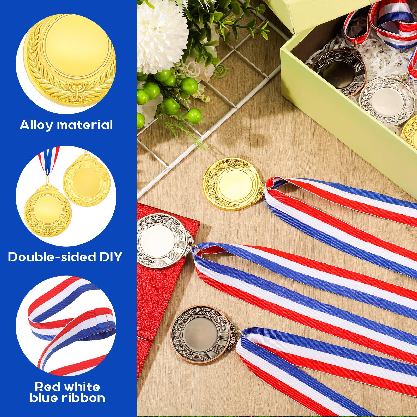 Kigeli Medallas de premio en blanco con cintas para el cuello, diseña tu propio kit de medallas, medallas de animación, trofeo de participación, medallas ganadoras de metal, premio para niños y