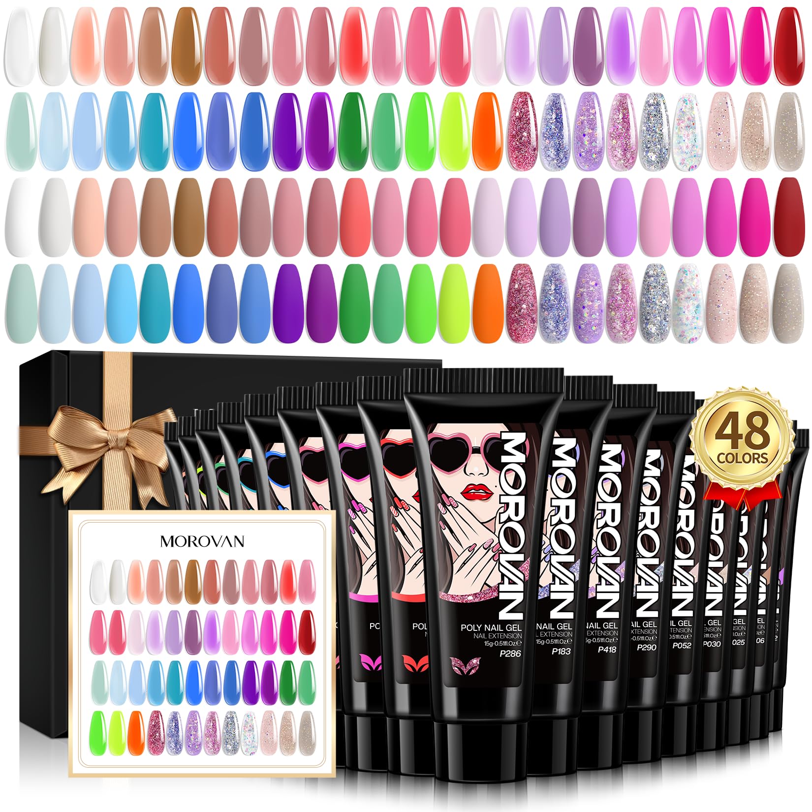 Morovan Poly Gel Nail Colors: 48 Color Poly Eextension Gel Nail Kit with Pure and Glitter Poly Nail Gel for All Season Poly Gel Nail Trendy Nail Art Design