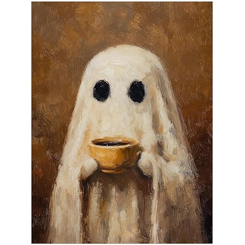 Ghost Drinking Coffee Print: Spooky Gothic Kitchen Wall Art,Ghost Coffee Painting,Rustic Gothic Kitchen Decor 20X30inch Unframed