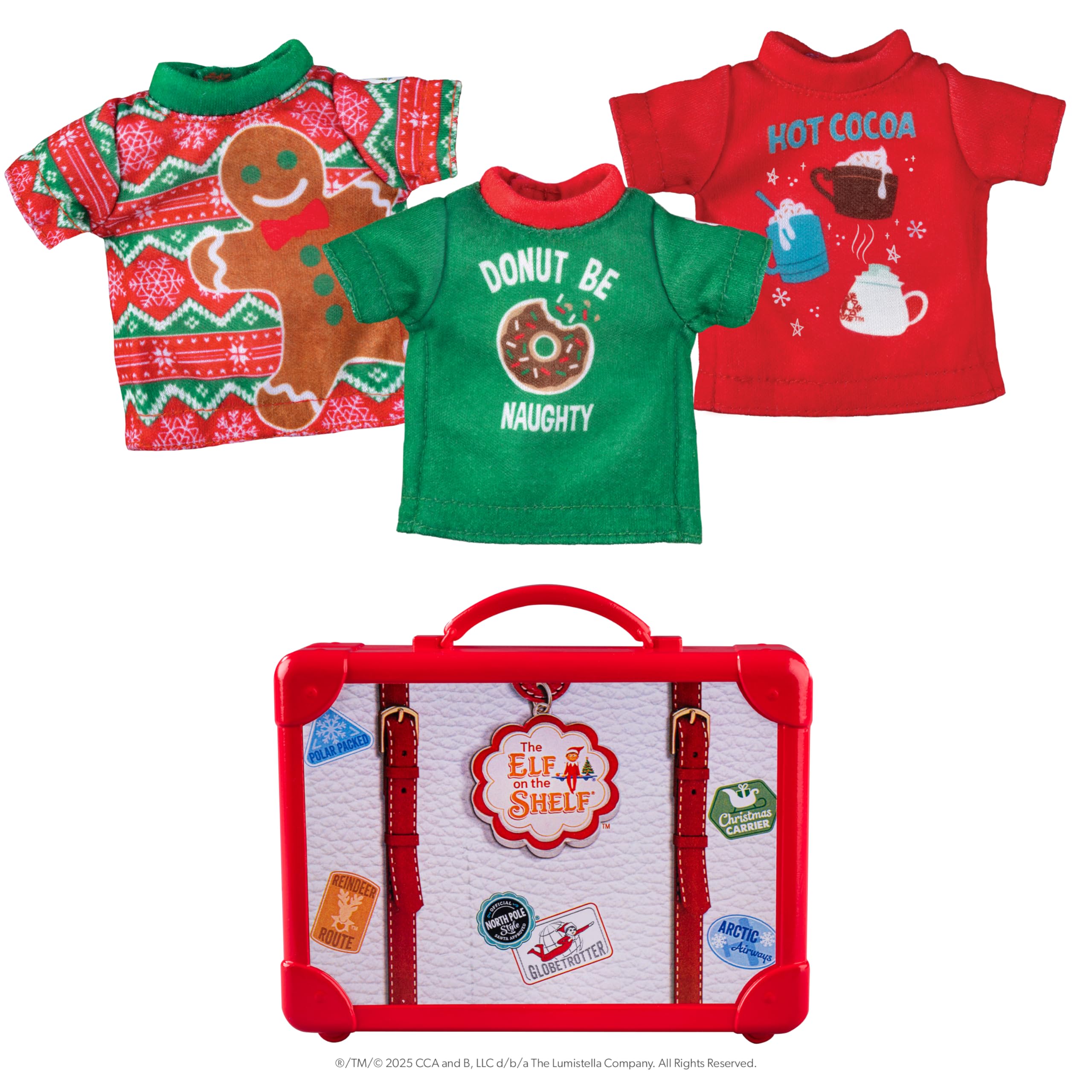 The Elf on the Shelf Claus Couture Collection - Juego de 3 Camisetas de tamaño Elfo con diseños de Pan de Jengibre, Cacao Caliente y Dona, Elfo Explorador no Incluido