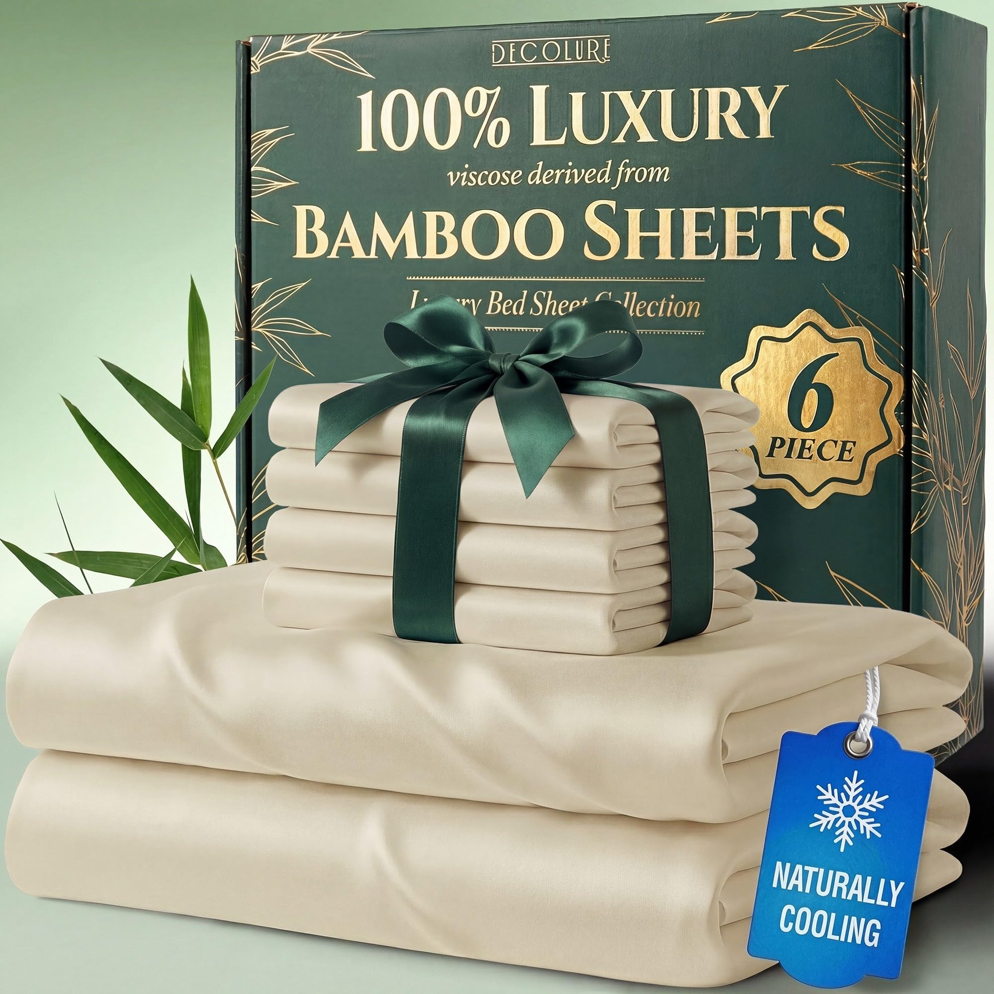 DECOLURE 100% Viscose Derived from Bamboo Sheets King Size - Luxury 6 Pc Naturally Cooling Sheets, Ultra Soft Bed Set - Deep 17" Pockets, Durable Double Stitching, Oeko Tex Standard (Creme)