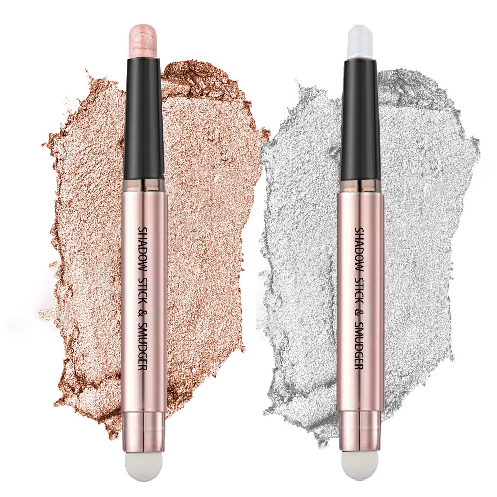 2 in1 Eyeshadow Stick, Cream Eye Shadow Sticks, Eye Brightener Stick with sponge, Eye Shadow Stick Makeup, Long Lasting Waterproof Cream Eyeshadow Stick Eye Highlighter Stick,Rose Gold+White Shimmer