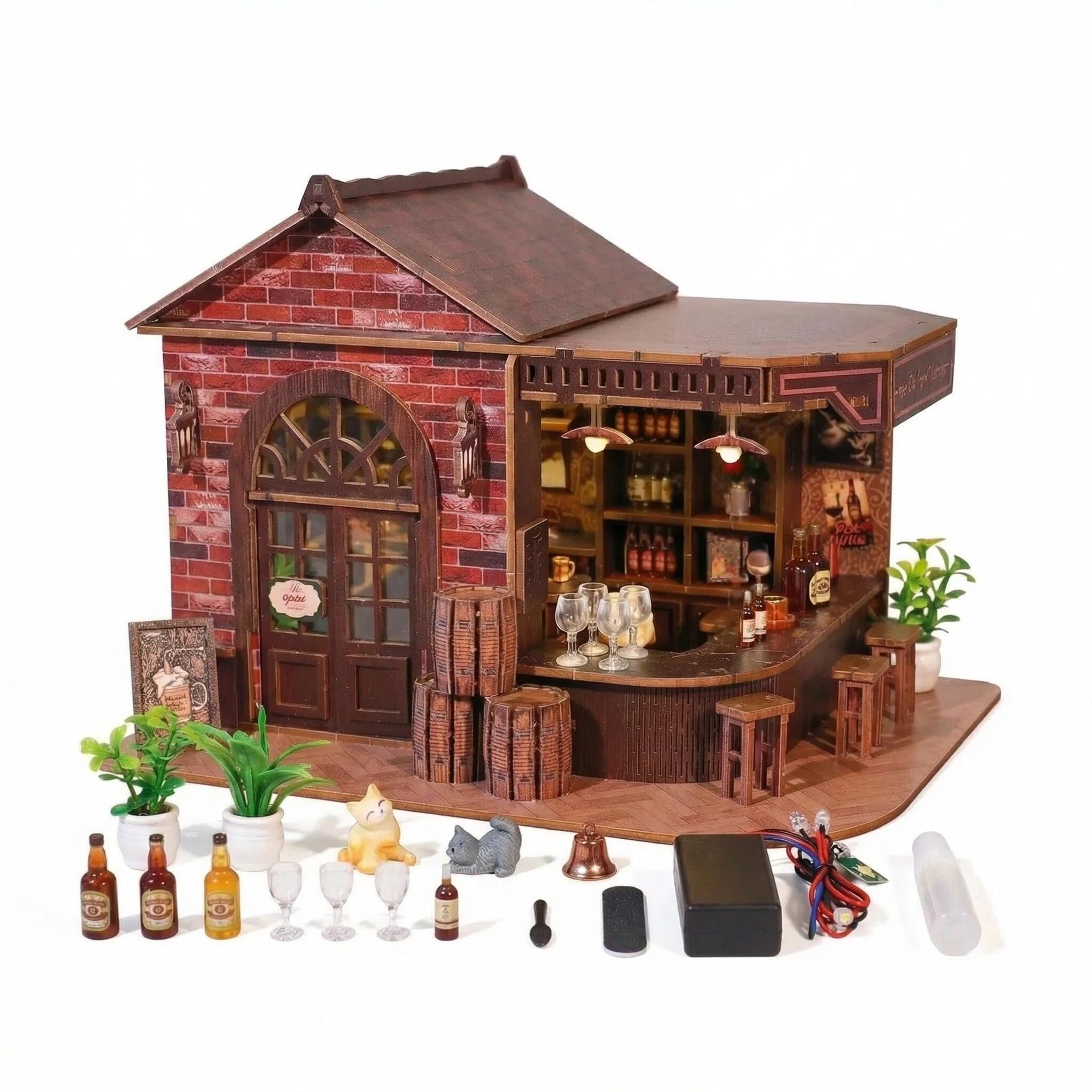 woodbot Book Nook Kit, DIY Miniature House Midnight Tavern Bar with LED Lights,3D Wooden Puzzle Dollhouse Kit for Adults，Wood Model Book Shelf Insert Decor for Family, Friends