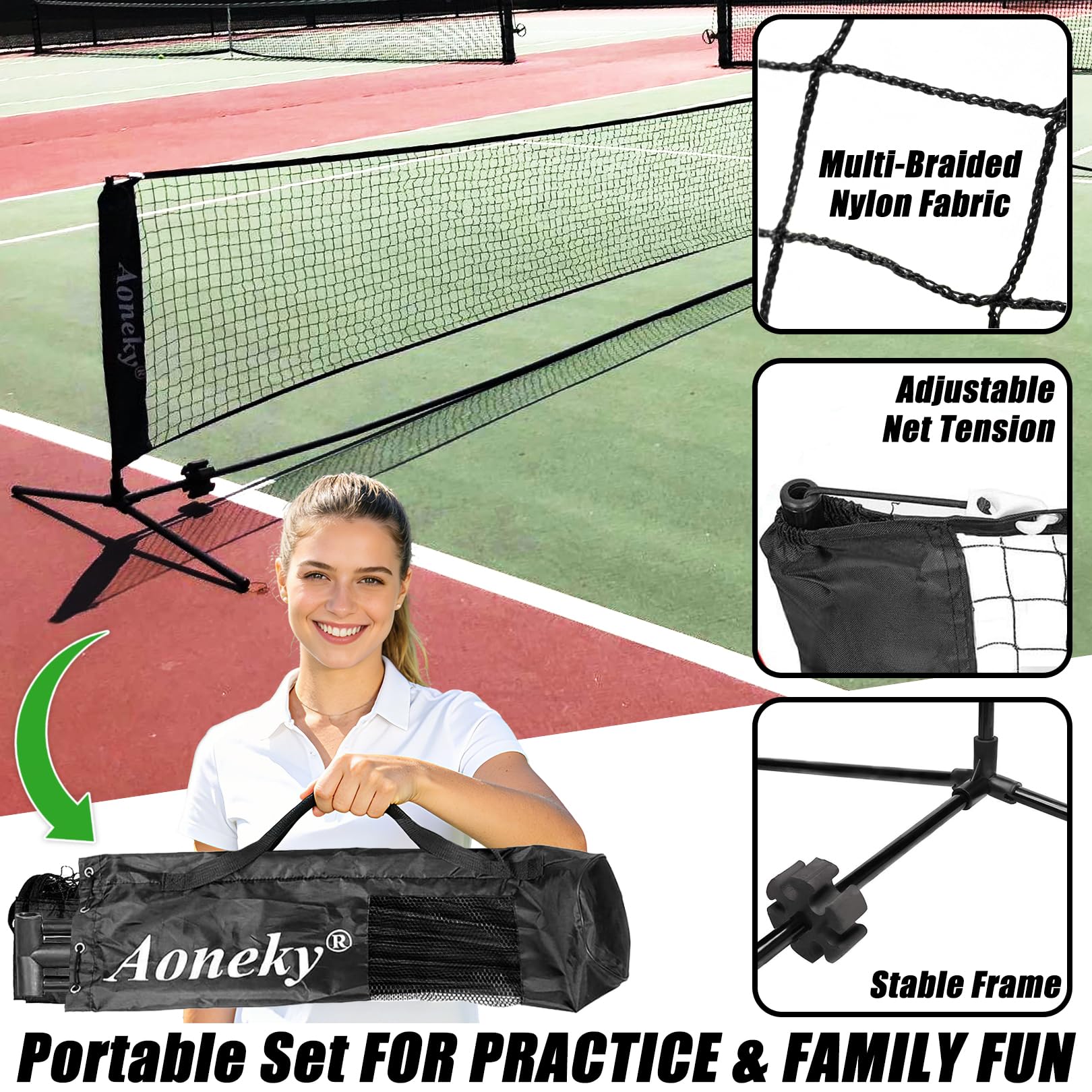 Aoneky Kit da Tennis 2,1M/3M/6M Telaio in Metallo Rete in Nylon Portatile Pieghevole per Allenamento Tennis Badminton