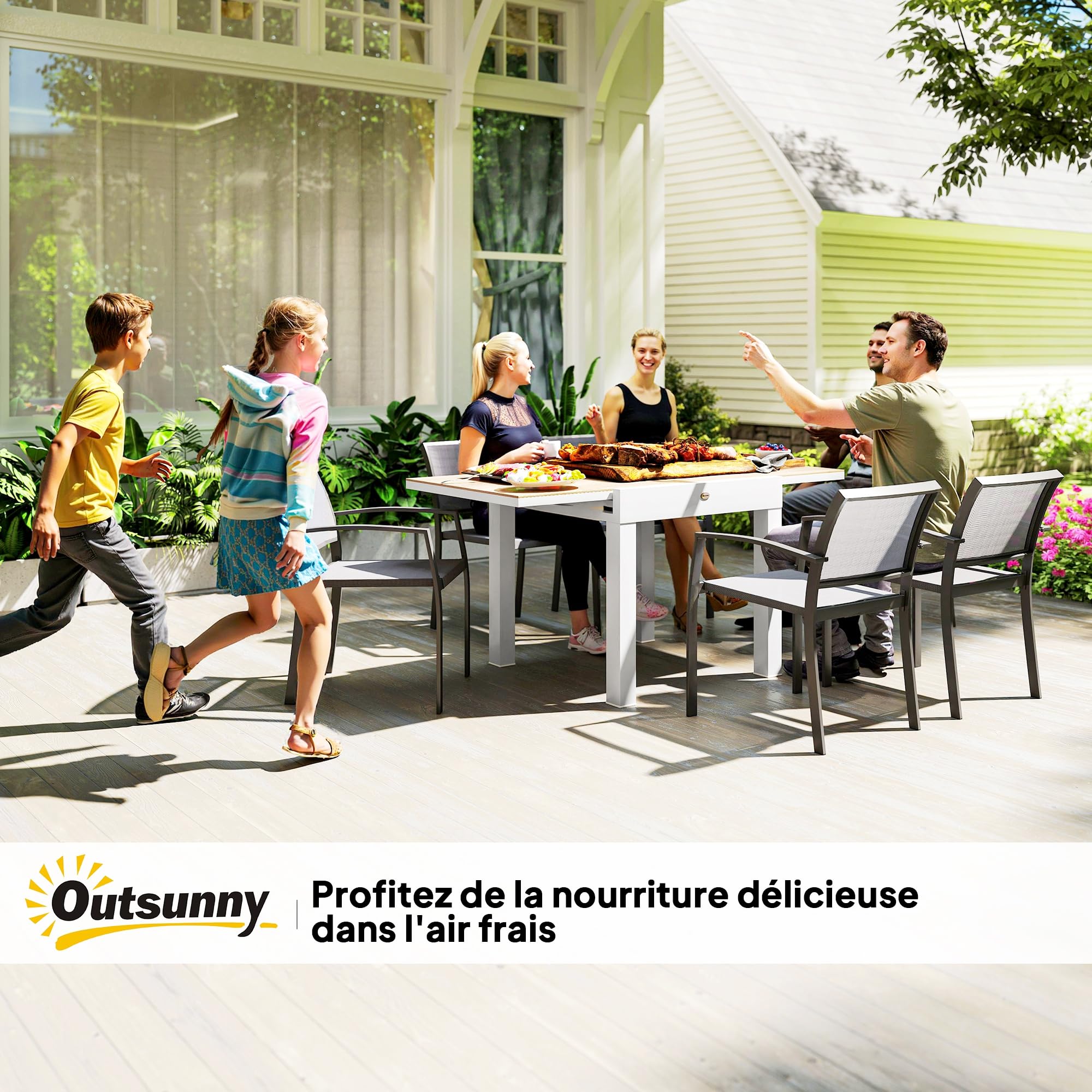 Outsunny Table de Jardin Extensible 80/160 cm en Aluminium 6 Personnes Gris | Table à Manger de Jardin Rectangulaire, Anti-Rouille, Résistante aux Intempéries, pour Patio, Terrasse