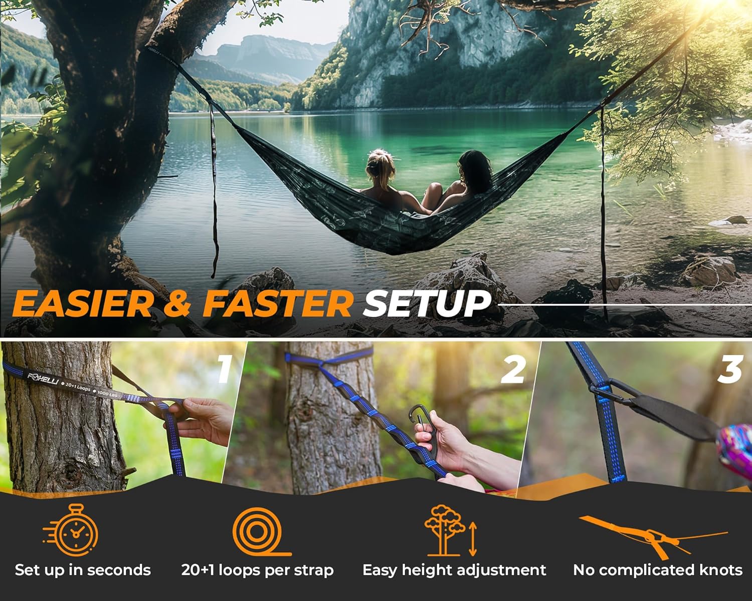 Foxelli XL Hammock Straps - Extra Long 20FT Heavy Duty No-Stretch Suspension System, 40+2 Loops, 2000 LBS Capacity, for Indoor/Outdoor Use – Set of 2 Straps & Carry Bag 1 819z2P15I4L. AC SL1500