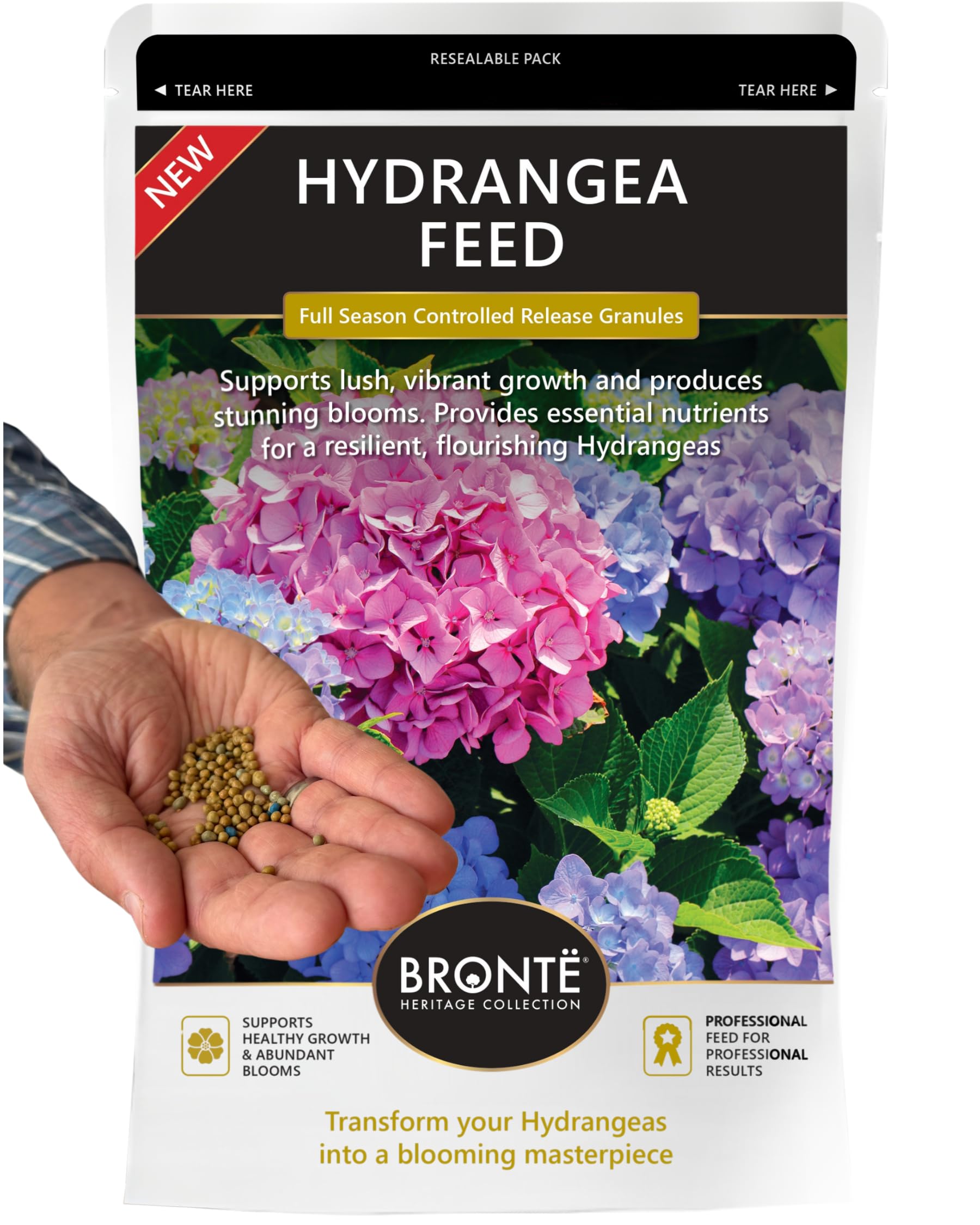 Bronte Heritage Hydrangea Feed Controlled-Release Fertiliser – Plant Food for Hydrangeas in Borders, Pots, Containers. Easy-Apply Granules for Strong Stems, Vibrant Blooms & Healthy Growth. 120g Pouch-image-4