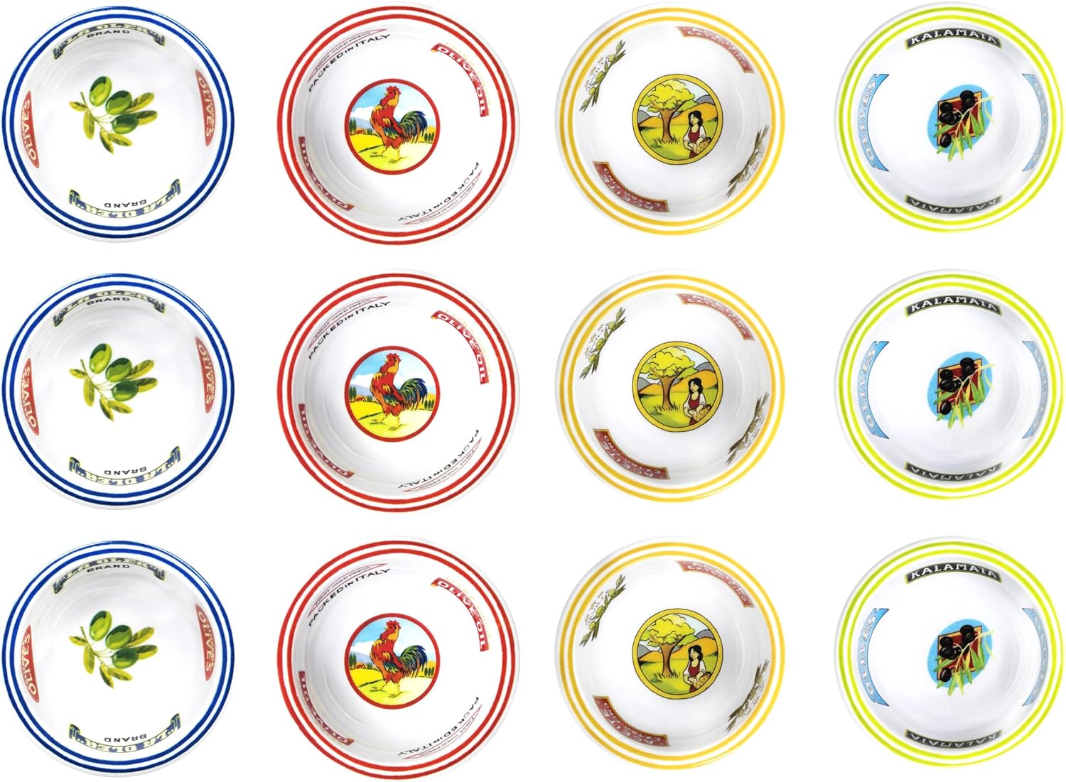 Le Cadeaux Luxury Melamine Mini Bowl Assorted Vintage Olive Collection, Set of 12 (3 of each design)