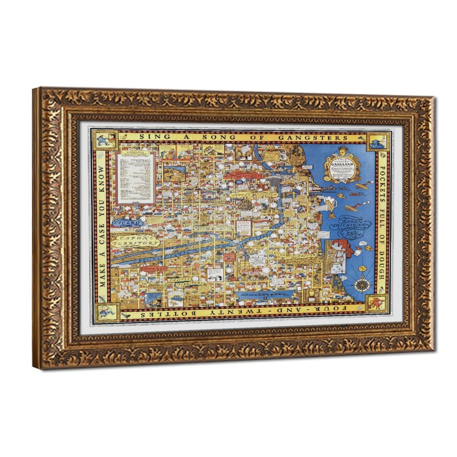 WCYB A Map of Chicago’s Gangland - Vintage Pictorial Gangster Map 1931 Prints Posters Canvas Deco Paintings Wall Art For Office Living Room Hangable Frame