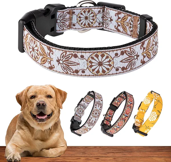 Dog Collars for Small Medium & Large Dogs - Female and Male Patterns on Long Lasting, Adjustable, Strong and Durable Puppy Quick Release Buckle White Woven Collar