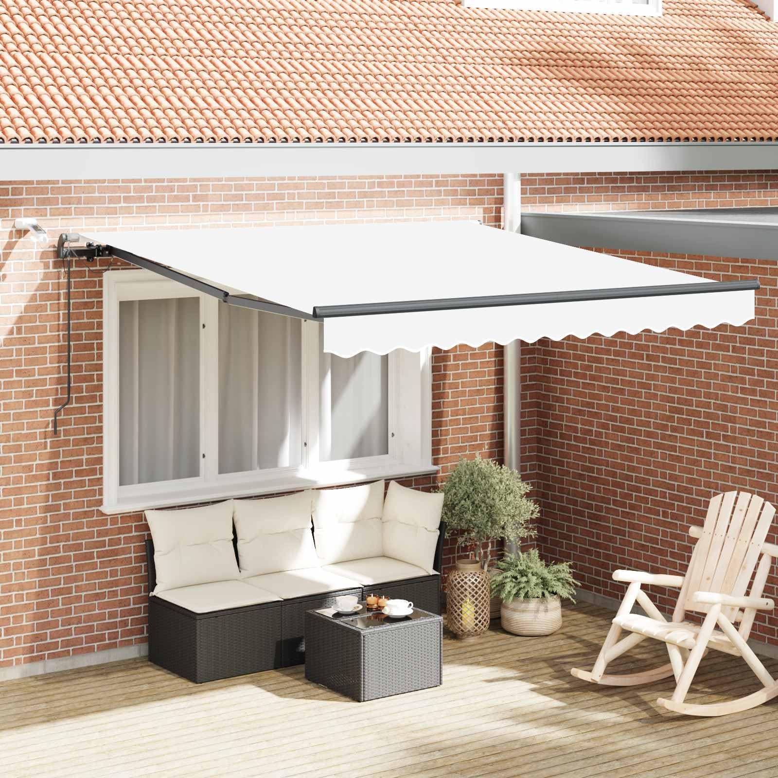 Toldo eléctrico con brazo articulado, 300 x 250 cm, color blanco, toldo motorizado de poliéster, con mando a distancia y sensor de viento, toldo retráctil para balcón, terraza y jardín