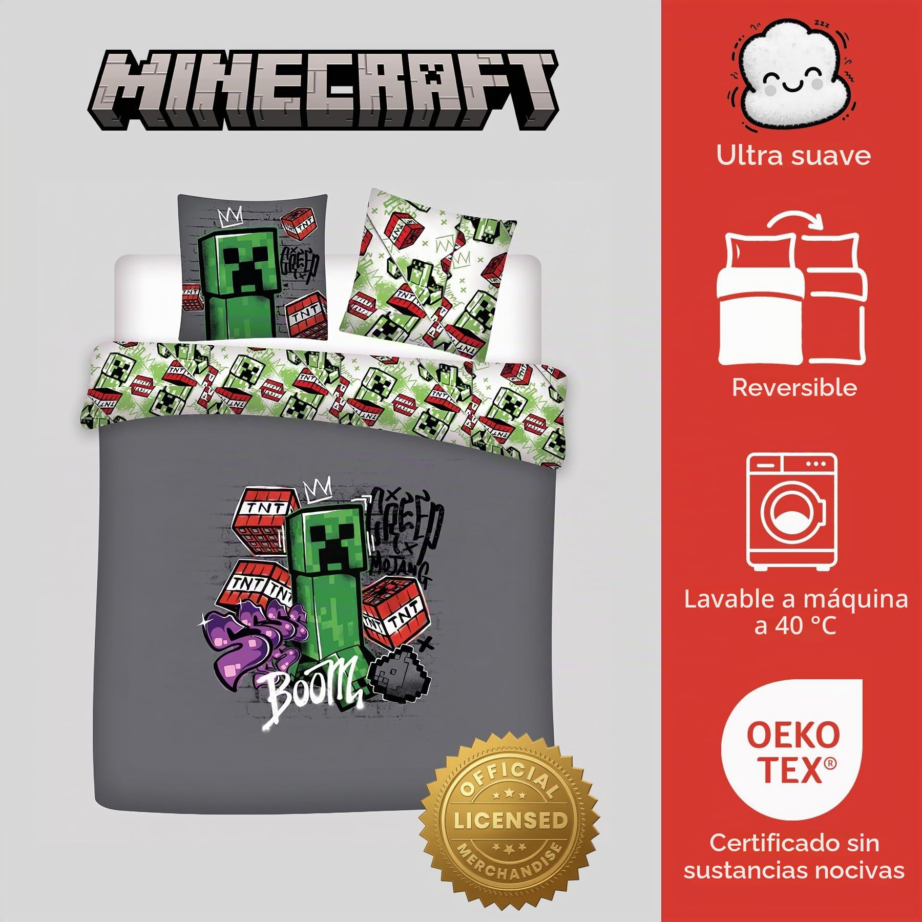 Minecraft Funda Nórdica Doble 240x220 Metro Art + 2 Fundas 63x63 | Licencia oficial | Microfibra Oeko-Tex secado rápido | Graffiti Creeper TNT Pixel | Reversible 2 diseños | Gamer