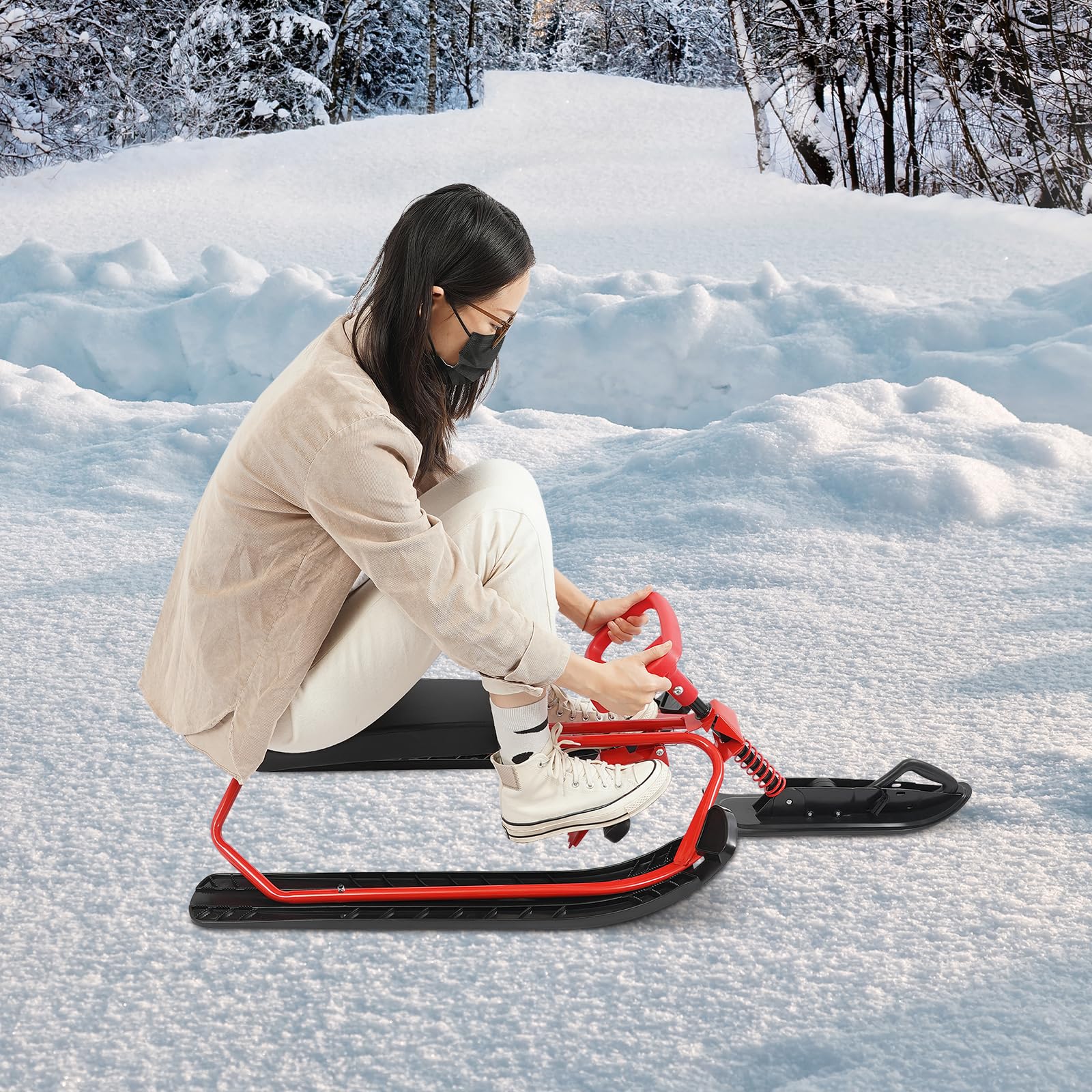Luge avec volant pour enfants et adultes, luge de course Snowracer Bob avec frein, corde de traction et siège rembourré en polyuréthane, capacité de charge jusqu'à 100 kg, luge pour sports d'hiver