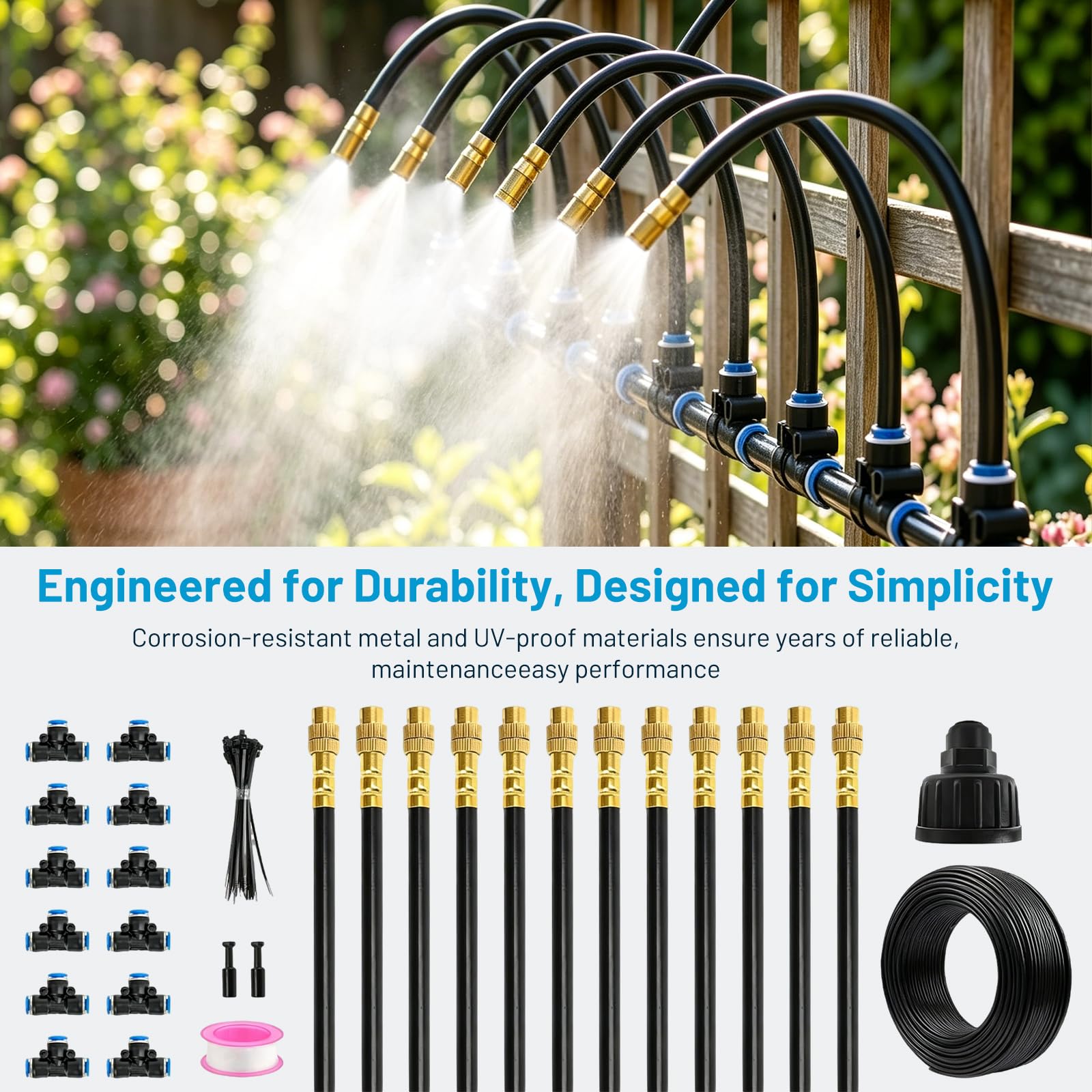 Kit de Riego por Goteo Automático 360° para Jardín, 15m Manguera con 12 Boquillas Nebulizadoras Ajustables en Latón, Instalación Rápida para Macetas, Huerto, Terraza, Césped