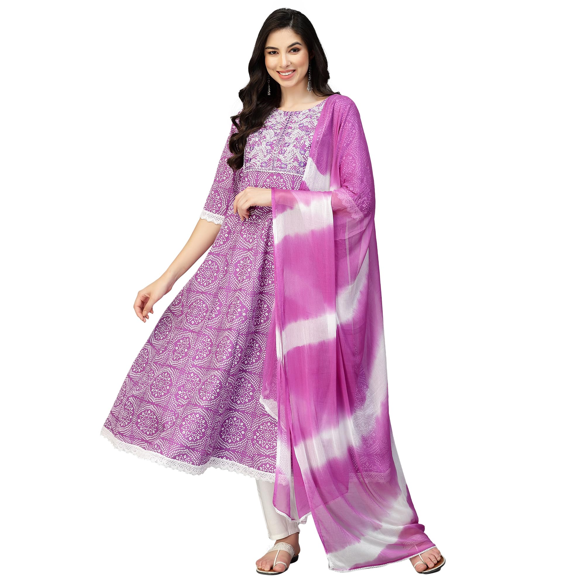 Stylum Women's Bandhej Printed & Embroidered Anarkali Kurta Pant Dupatta Set (Kpdpurplecloudy36_Purple, S)