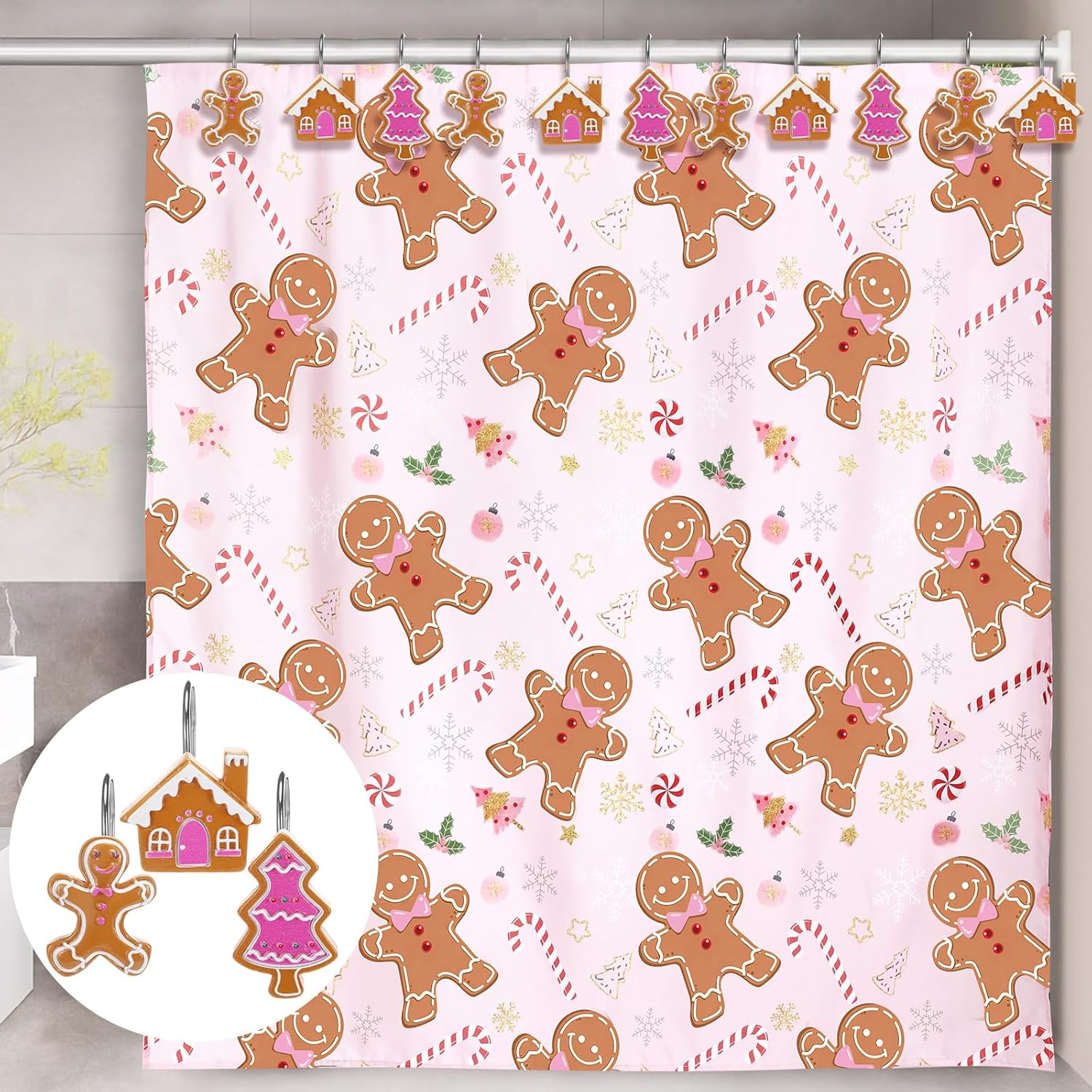 Geelin 13 Pcs Christmas Pink Gingerbread Shower Curtain Set for Bathroom Decor 72"w x 72"h Pink Cute Ginger Bread Candy Cane Shower Curtain with 12 Gingerbread Hooks for Christmas Bathroom Decoration