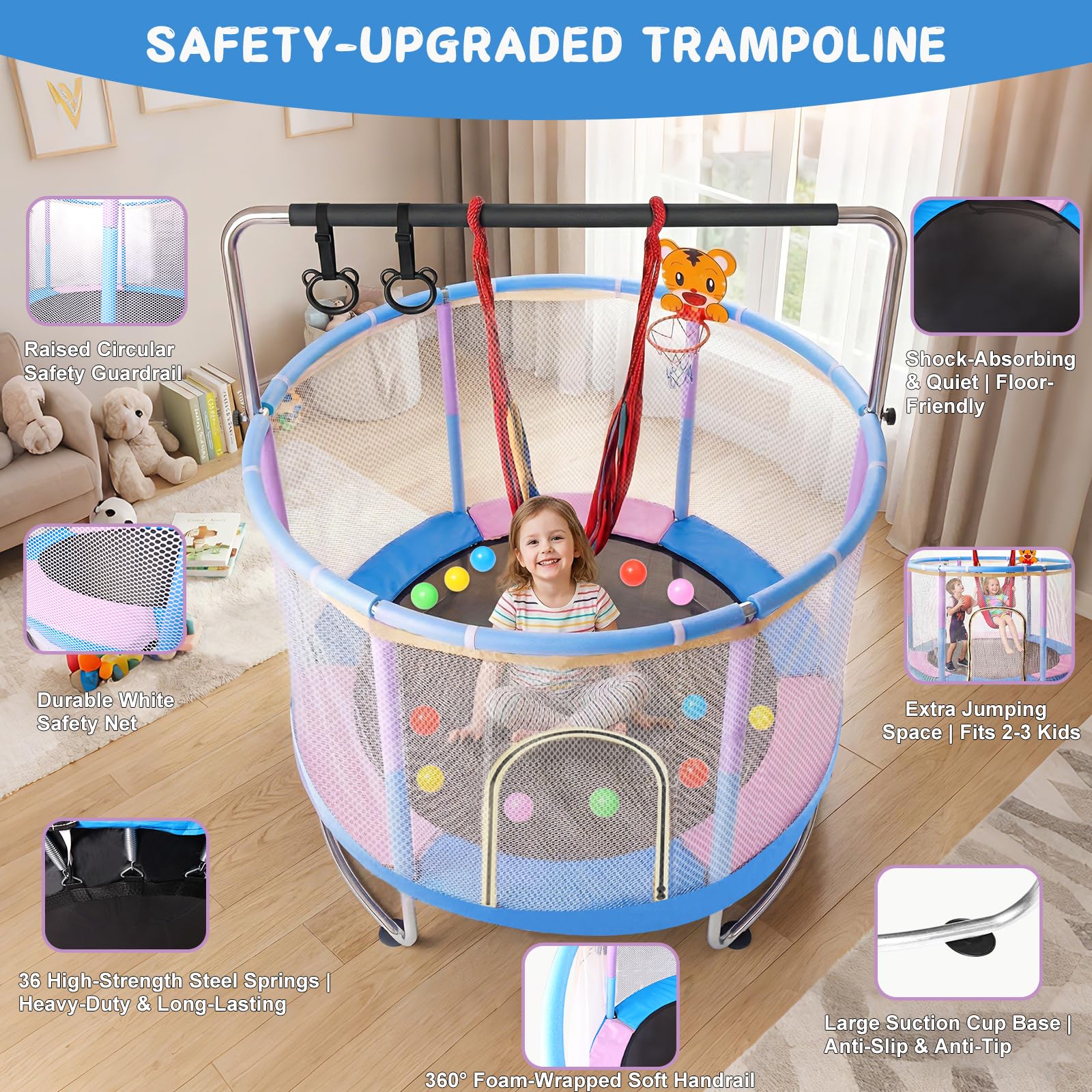 Trampoline de 1,5 m pour Enfants de 3 à 14 Ans - avec Balançoire, Barre de Gymnastique & Panier de Basket - Adaptée Intérieur et Extérieur.