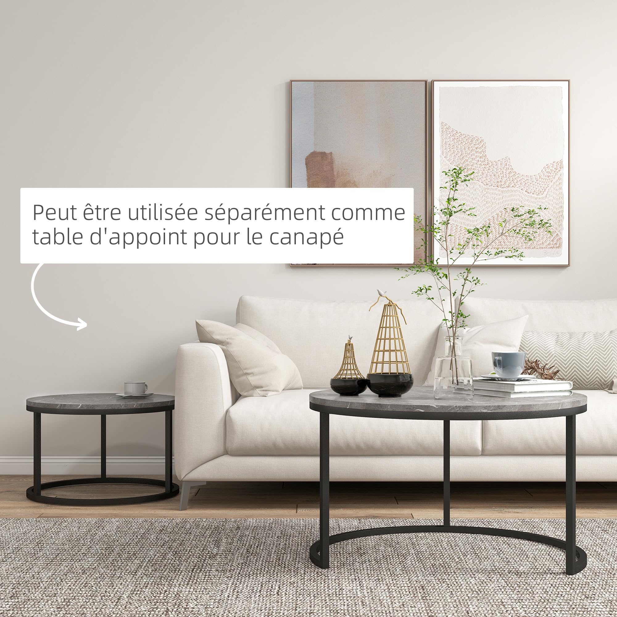 HOMCOM Lot de 2 Tables Basses gigognes, Table Basse Ronde, empilable, Design Industriel, Pieds en métal, Gris