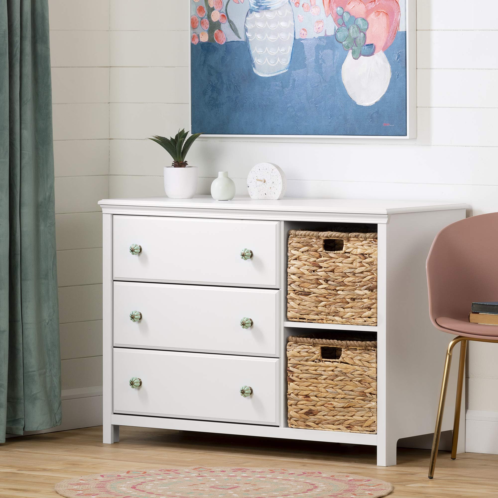 South Shore Furniture Cotton Candy 3-Drawer Dresser with Baskets-Pure White