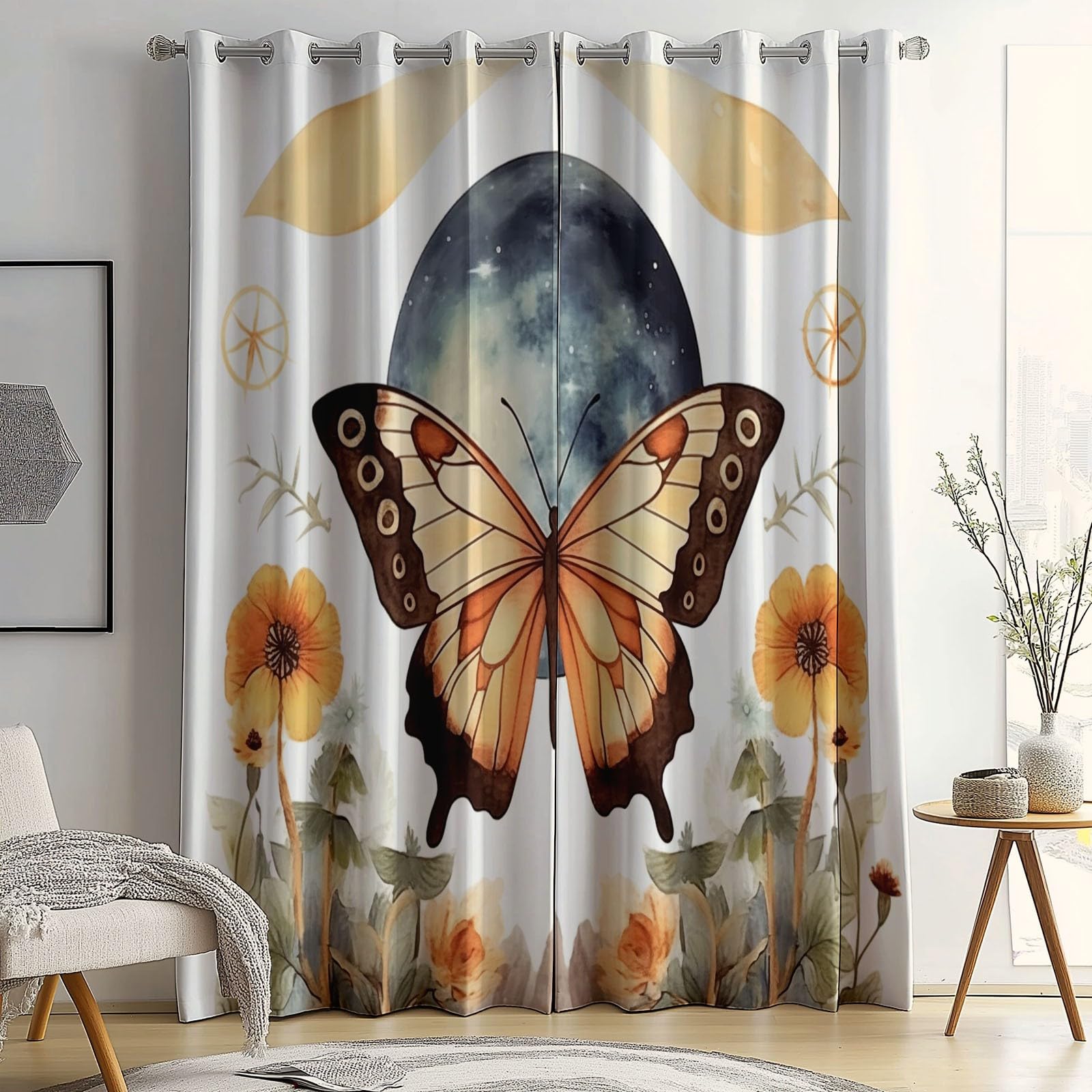 100% poliester, zasłony zaciemniające akwarelowe motyle księżyc 110 L x 215 H cm (2 panele) blokowanie oczek światło anty-UV do salonu sypialni, biała