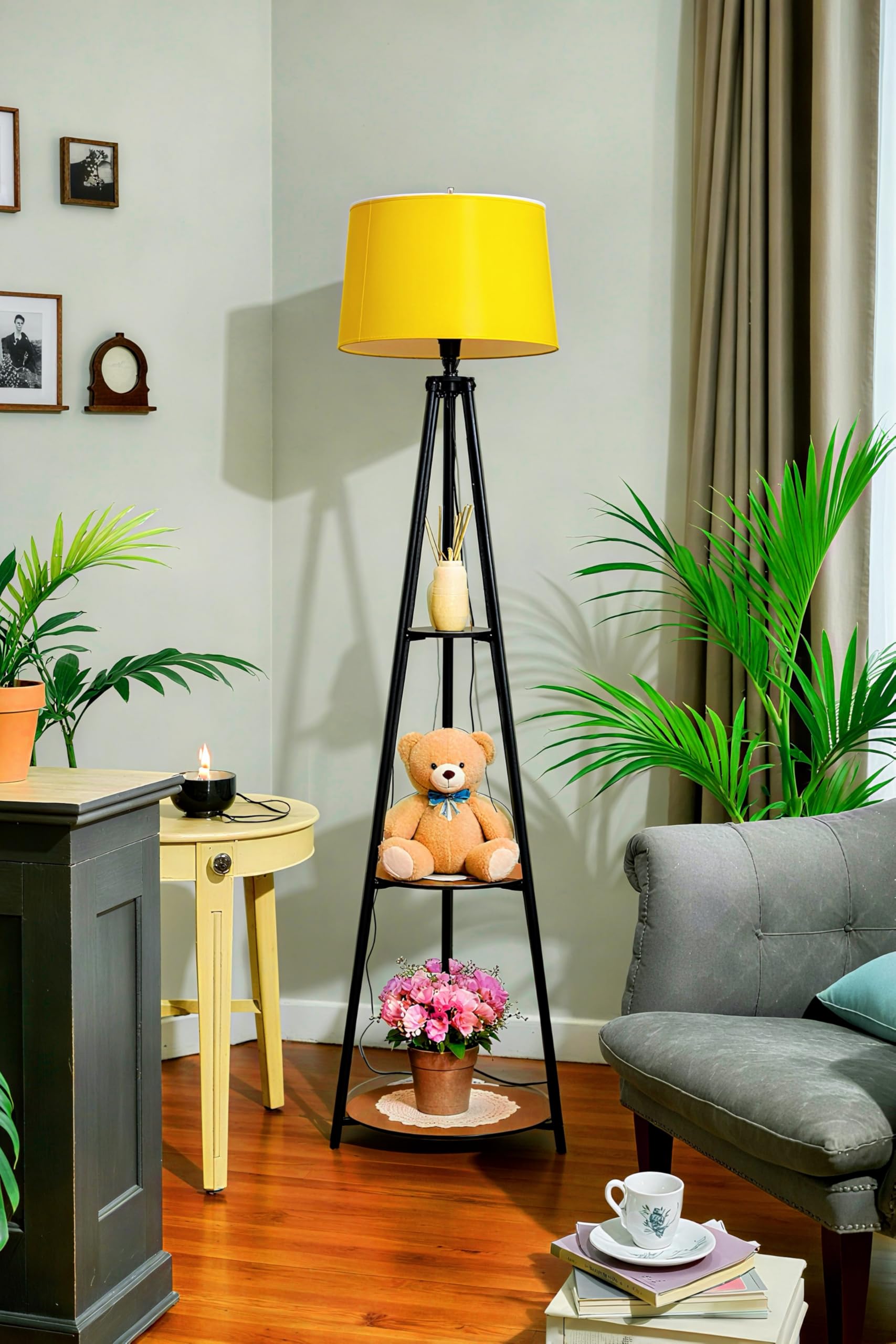 Modern Wooden Shelf Floor Lamp with Fabric Shade | 3-Tier Storage Stand Lamp for Living Room, Bedroom & Home Décor-image-0