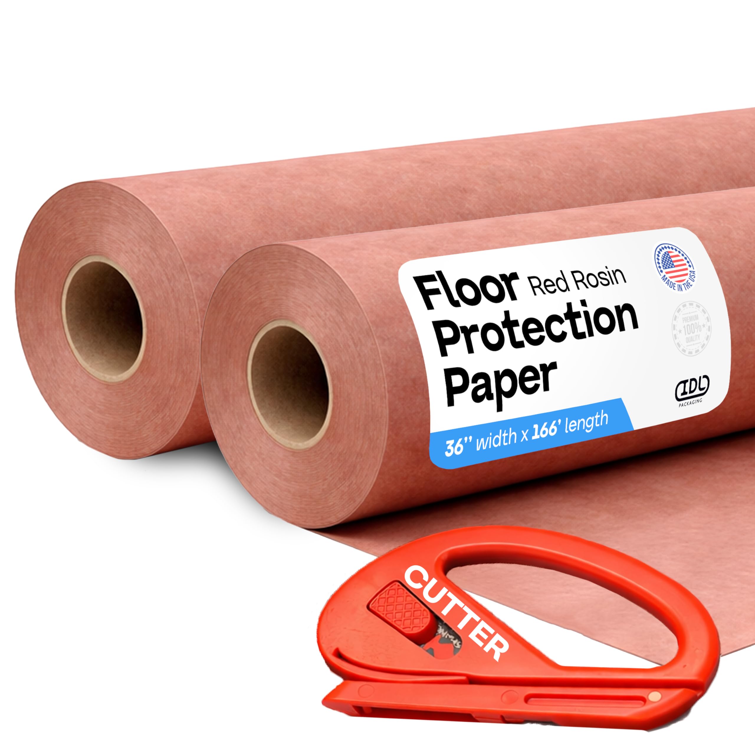 Red Rosin Masking Paper 36" x 166 feet, 2 Rolls + 1 Cutter – Thick Floor Covering (66 lbs, 996 sq.ft. Total) - USA-Made Masking Paper for Painting &amp; Construction, Surface Protection by IDL Packaging