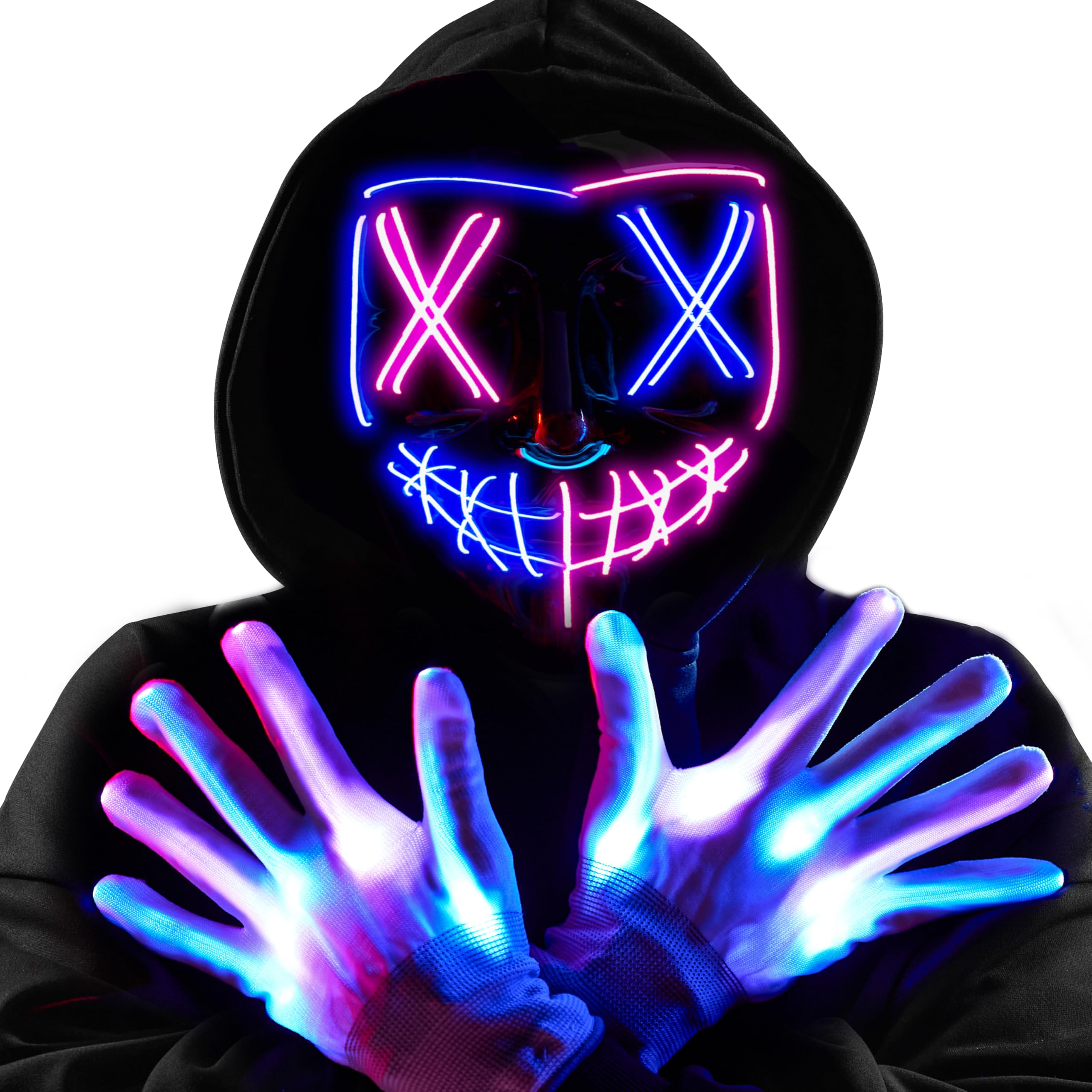 JOYIN Halloween Led Mask, Light Up Mask and Gloves for Cosplay Costume (Pink &amp; Blue), 3 Modes Scary Glow in The Dark Masks for Halloween Party Dress Up Accessories, Gifts Giving
