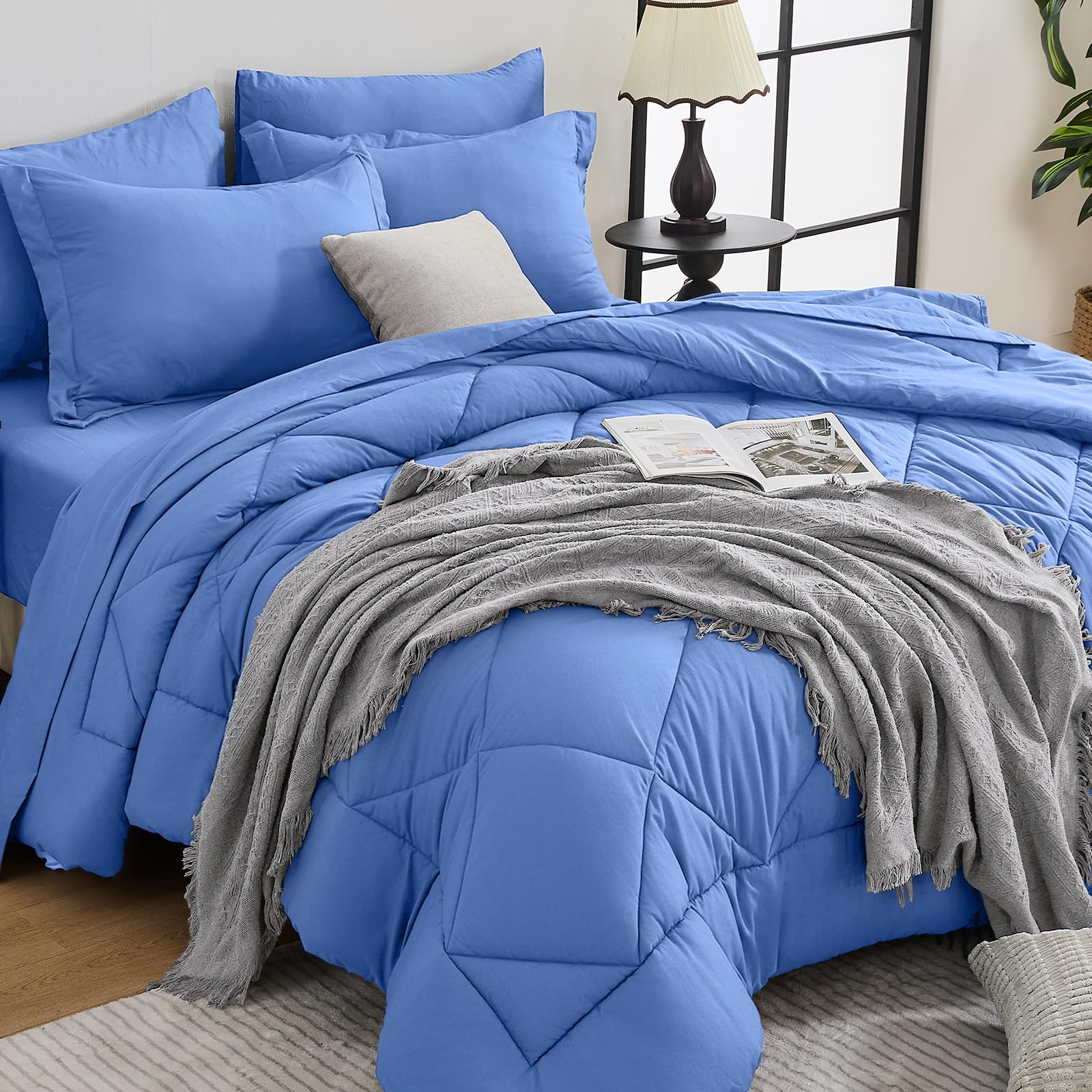 HEVUMYI 7-Piece Full Comforter Set, Royal Blue Bed in a Bag