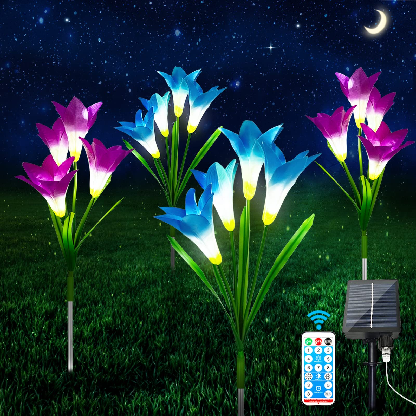 SZMDLX Outdoor Solar Garden Stake Lights, 4 in 1 Solar Powered Light with 4 Lily Flower, Solar Pathway Lights for Outdoor, Decorative, Party, Festival, Christmas, Patio Courtyard Lawn (4 Pack)