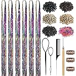 Hair Tinsel, Hair Tinsel Kit for Girls 1800 Strands Fairy Tinsel Hair Extensions Holographic Hair Tinsel Heat Resistant Colored Hair Glitter Christmas Party Festival (Rainbow Colors)