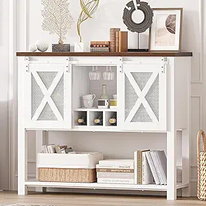 Garvee Farmhouse Console Table, Coffee Bar Sideboard Cabinet Storage with Sliding Barn Doors, Entryway Table with Glass Rack for Kitchen, Dining Room, Hallway, 46.5x15.7x39.3 Inches, White