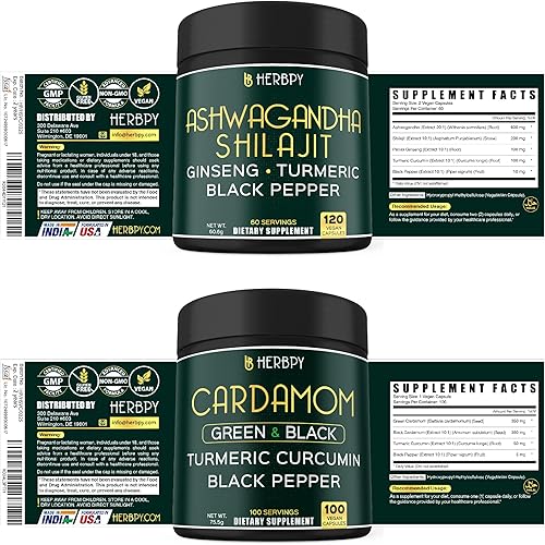 Miniatura 7 de Paquete 5 en 1 Ashwagandha Shilajit 120 unidades y cápsulas de cardamomo 4 en 1, 100 unidades - Apoya la relajación, la salud del corazón, la