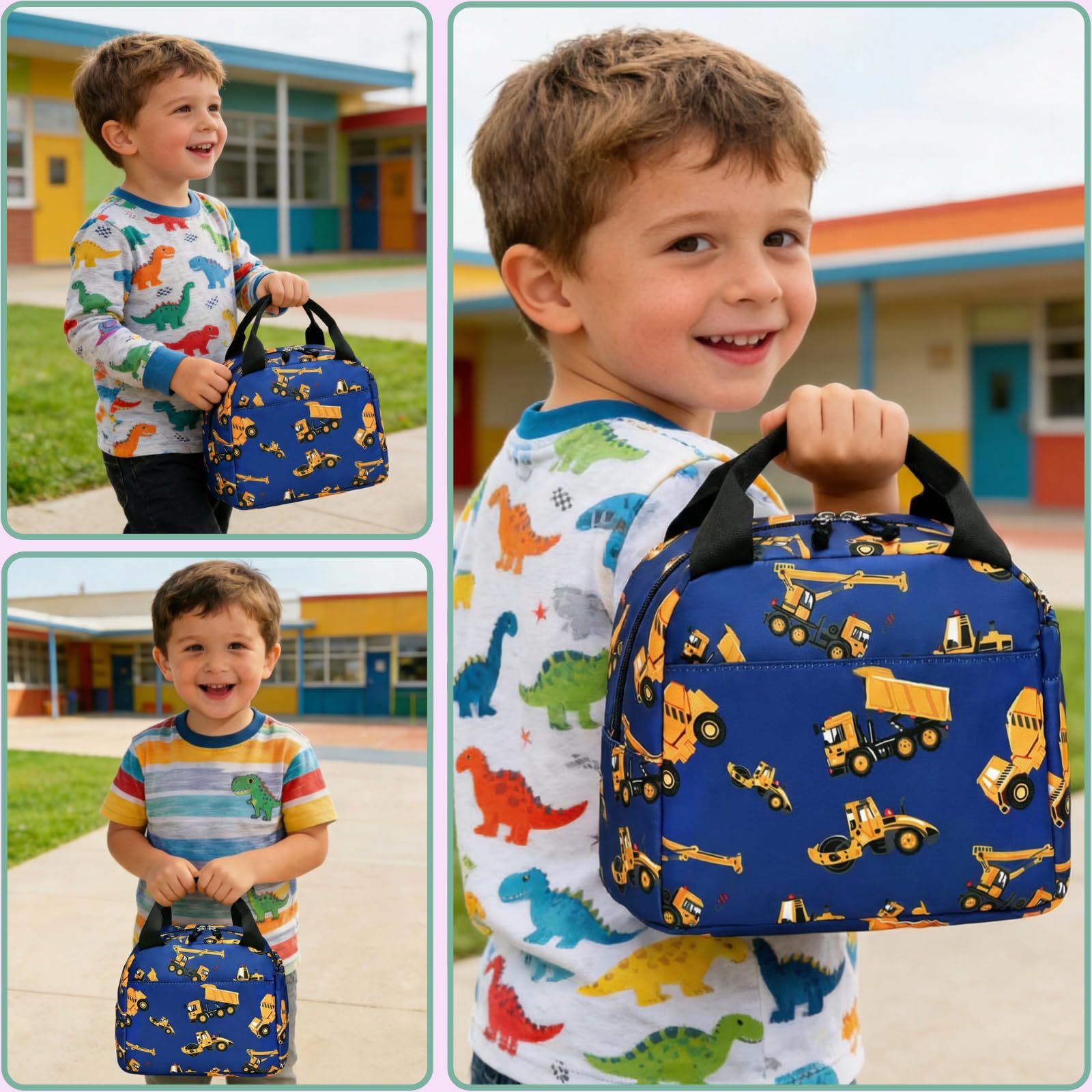 Lonchera térmica para niños, grande, reutilizable, a prueba de fugas, para niños, niñas, escuela, viajes, picnic (coche de ingeniería) azul