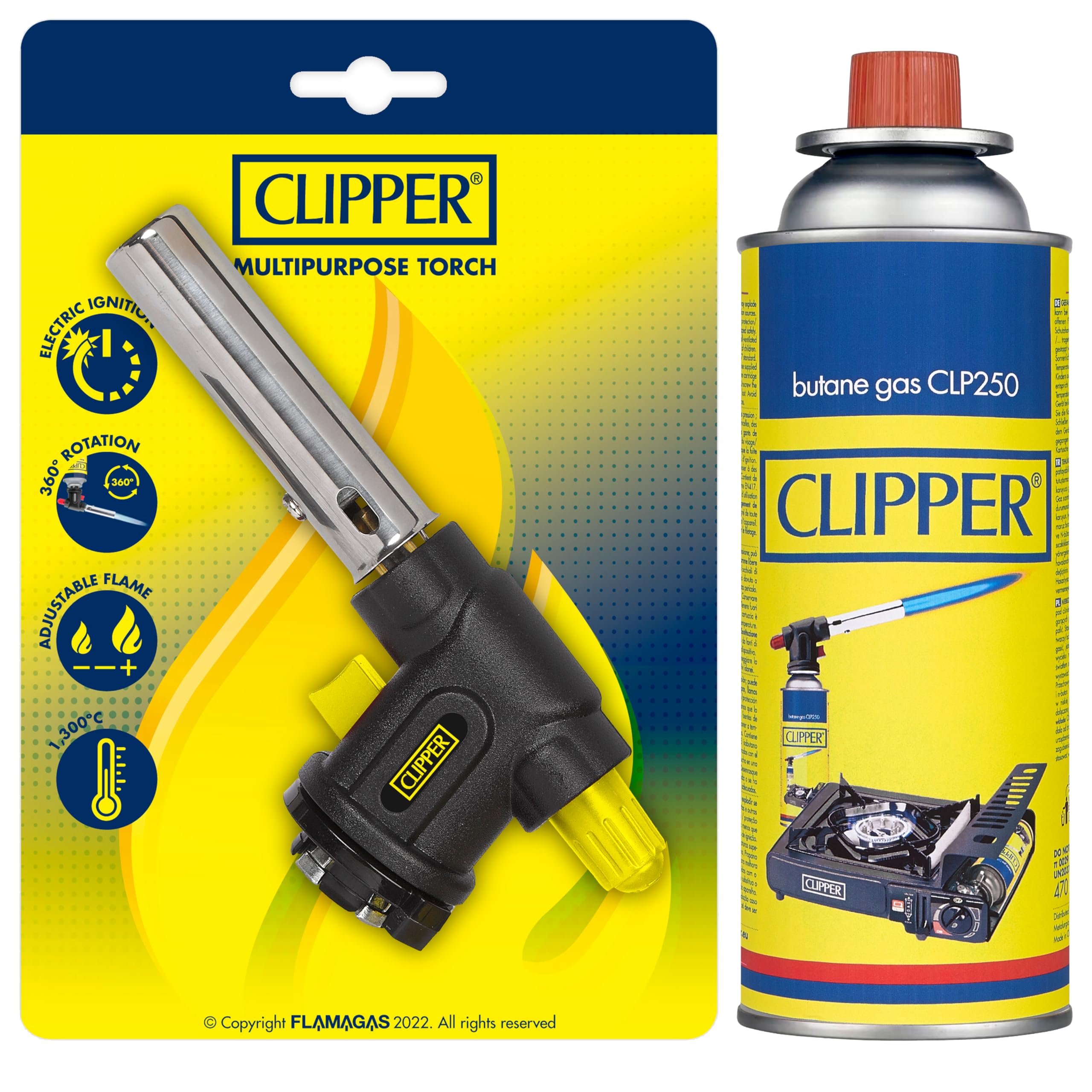Clipper - Soplete Multiusos + Cartucho de 400ml de Gas Universal | Válvula GLP250 | Ideal para Flamear, Caramelizar y usar en Barbacoas | Cocina & Acampada