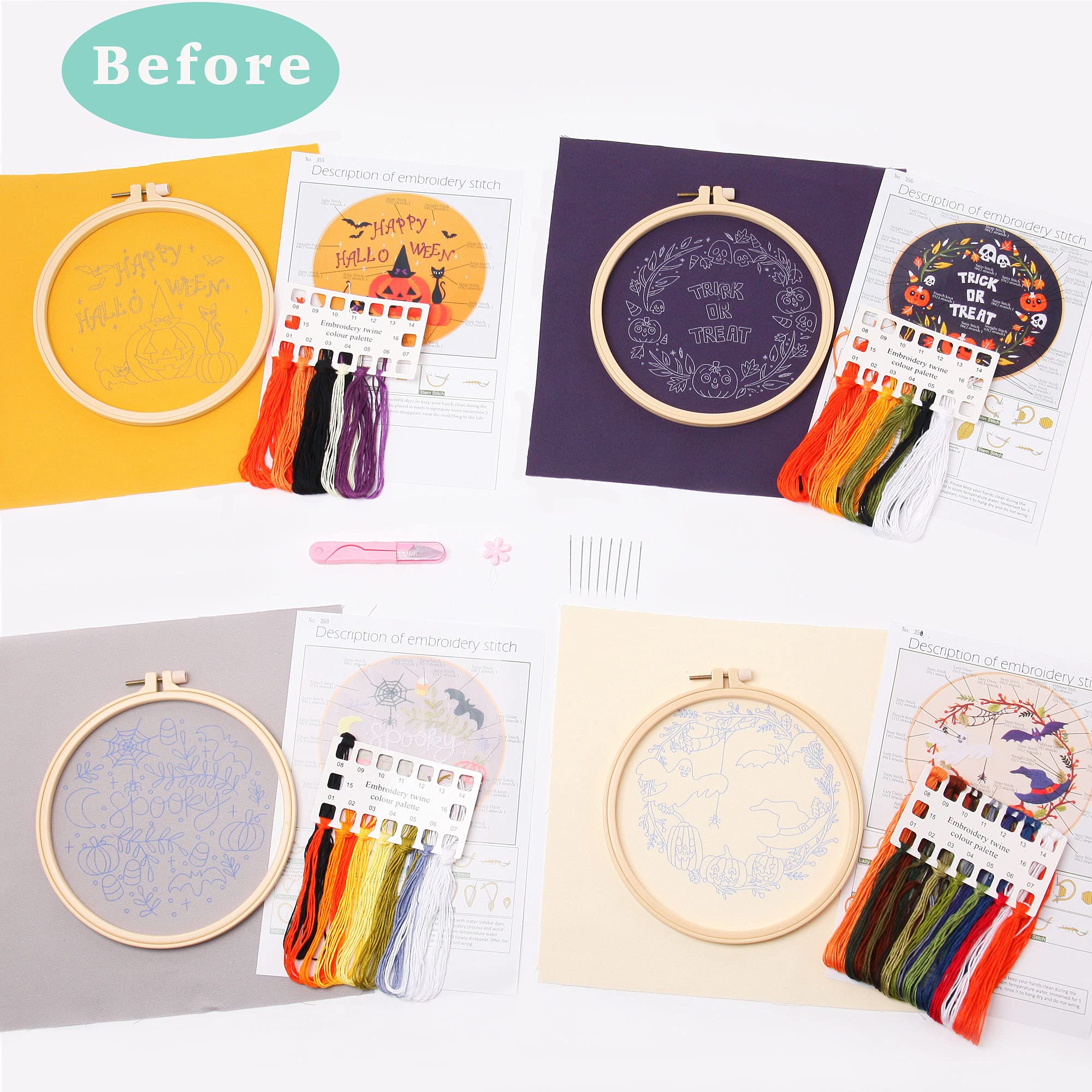 REEWISLY Halloween 4 pcs of Embroidery kit with Patterns and Instructions, DIY Adult Beginner Embroidery Kits, Including 4 Plastic Embroidery Rings, 1 Pair of Scissors, Colored Threads and Needles